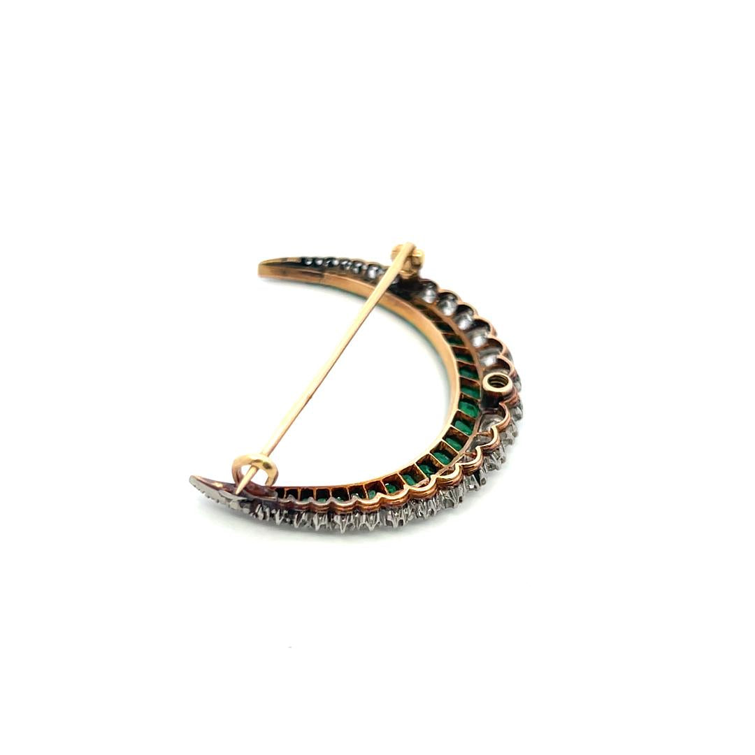 Vintage Two Tone Gold Pin Brooch 2ct Old European Cut Diamonds & 1.15ct Emerald