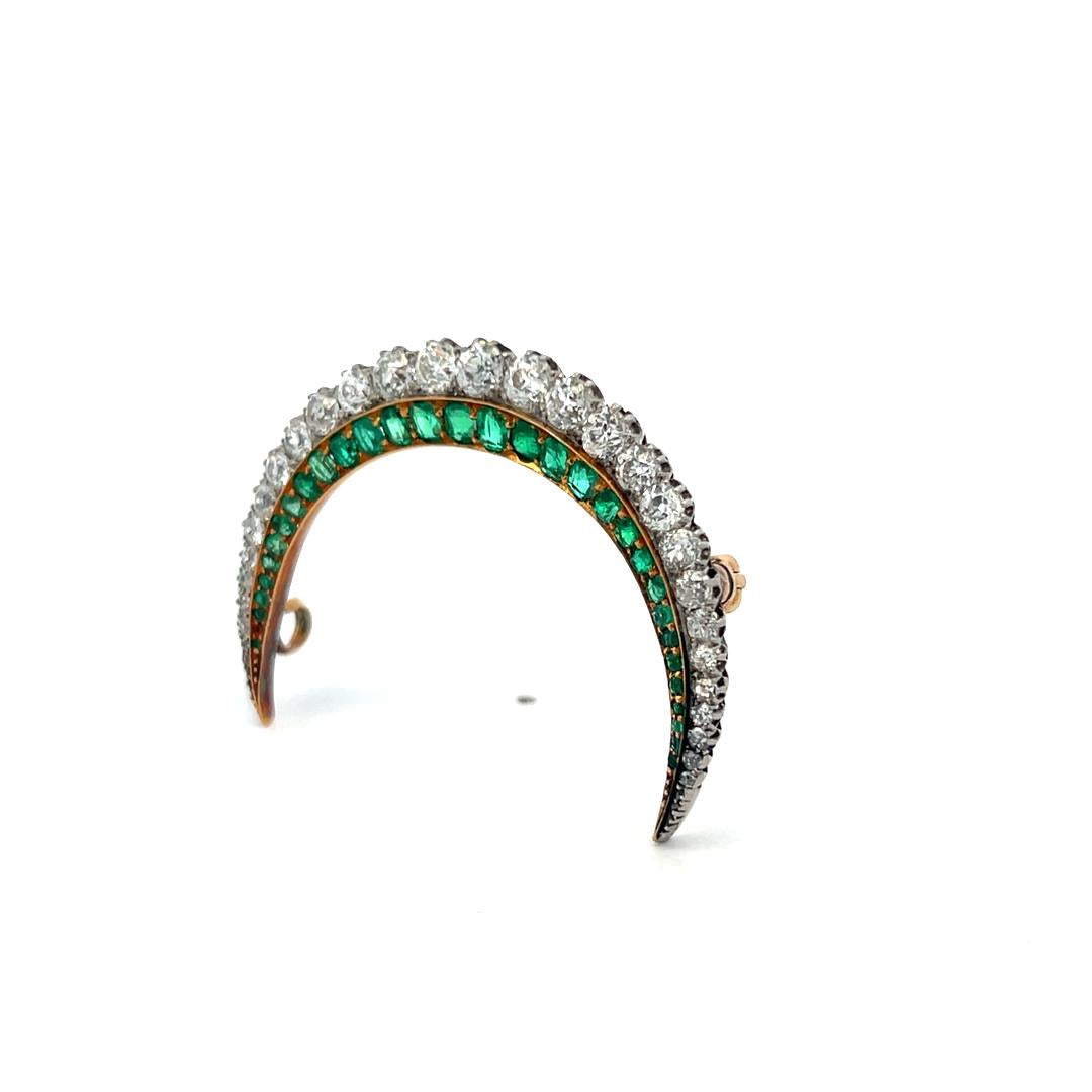 Vintage Two Tone Gold Pin Brooch 2ct Old European Cut Diamonds & 1.15ct Emerald