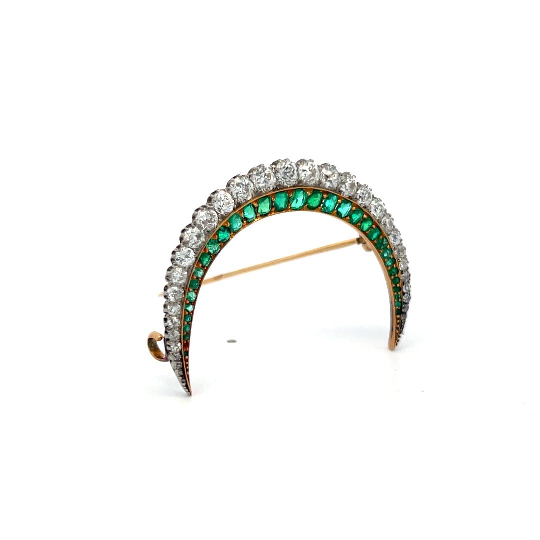 Vintage Two Tone Gold Pin Brooch 2ct Old European Cut Diamonds & 1.15ct Emerald