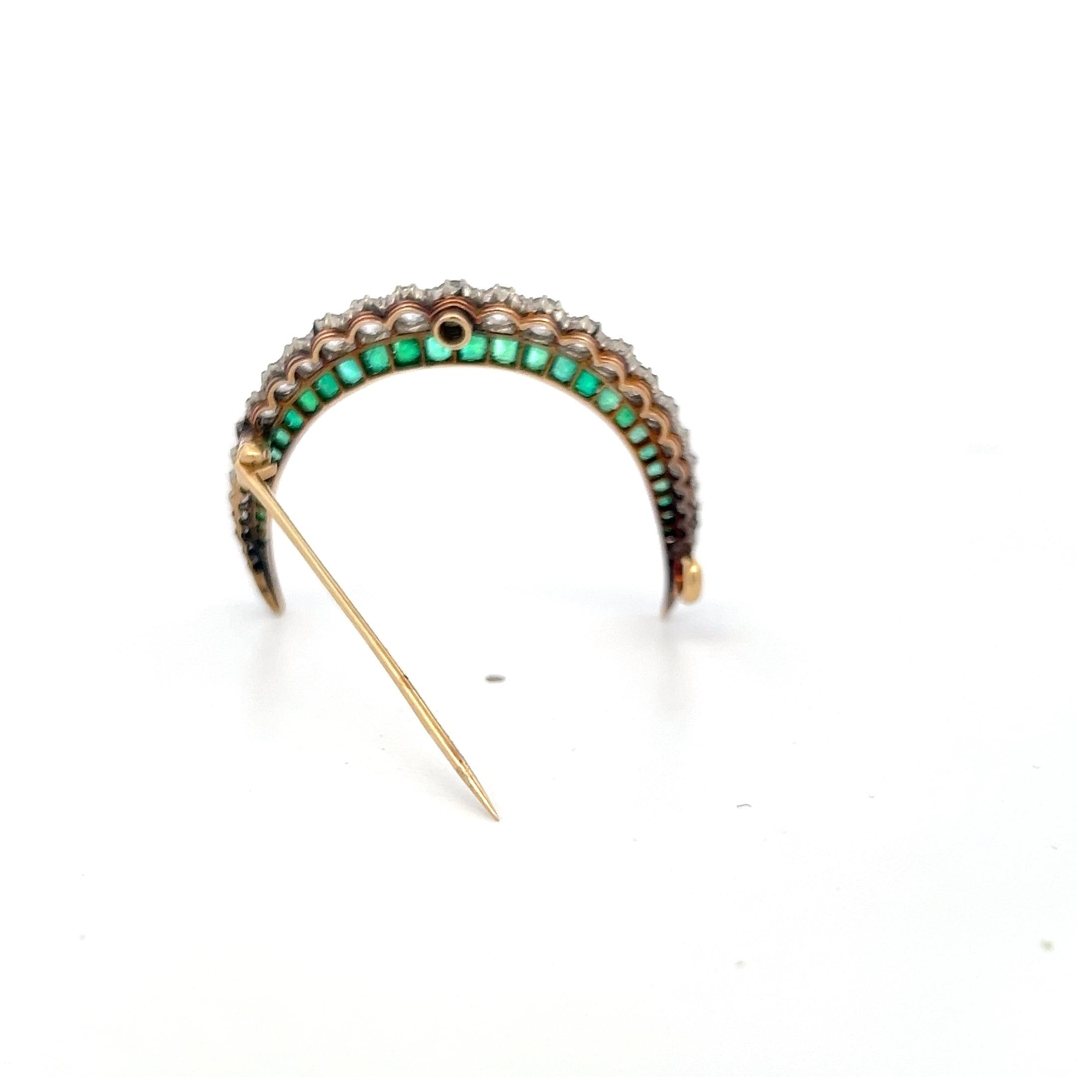 Vintage Two Tone Gold Pin Brooch 2ct Old European Cut Diamonds & 1.15ct Emerald