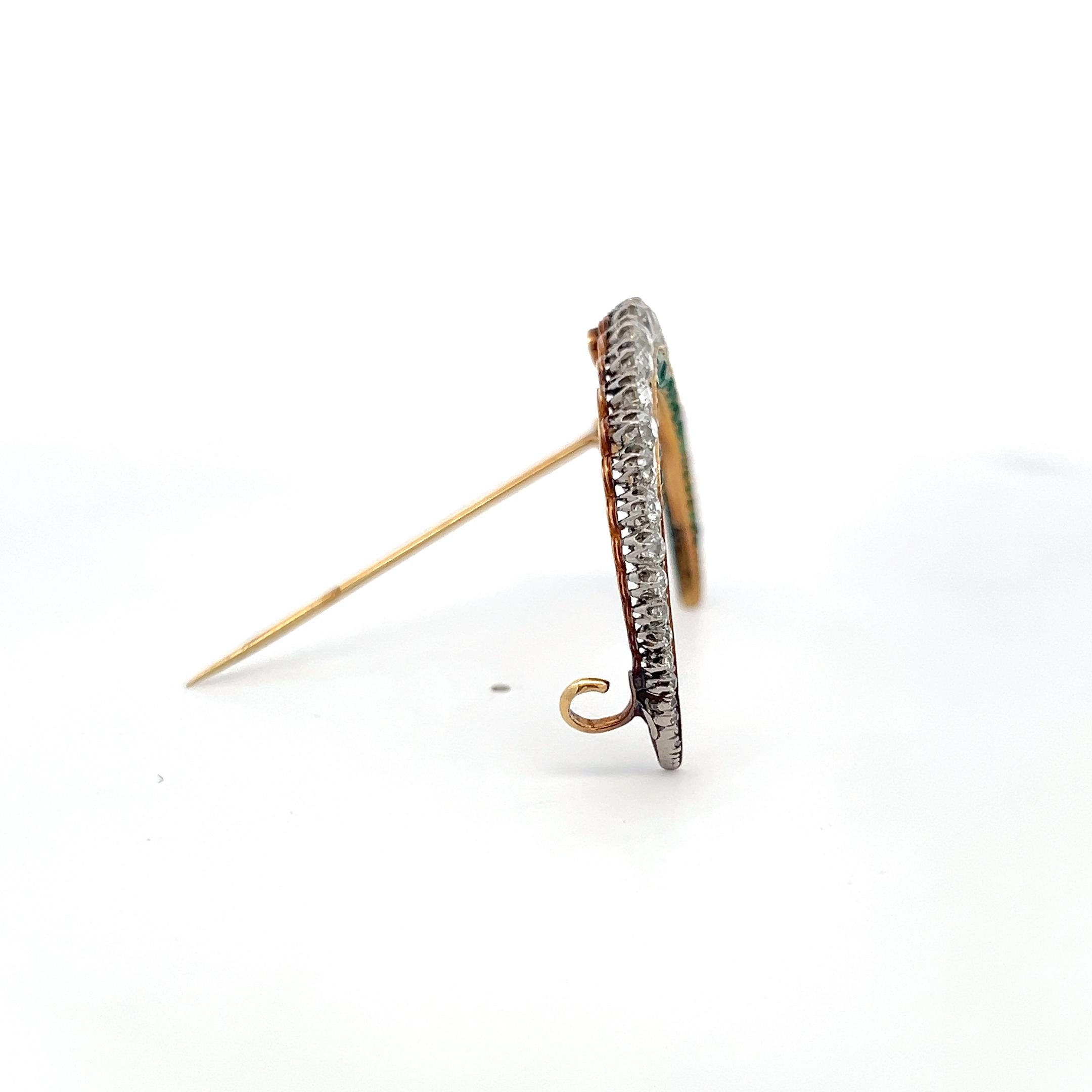 Vintage Two Tone Gold Pin Brooch 2ct Old European Cut Diamonds & 1.15ct Emerald