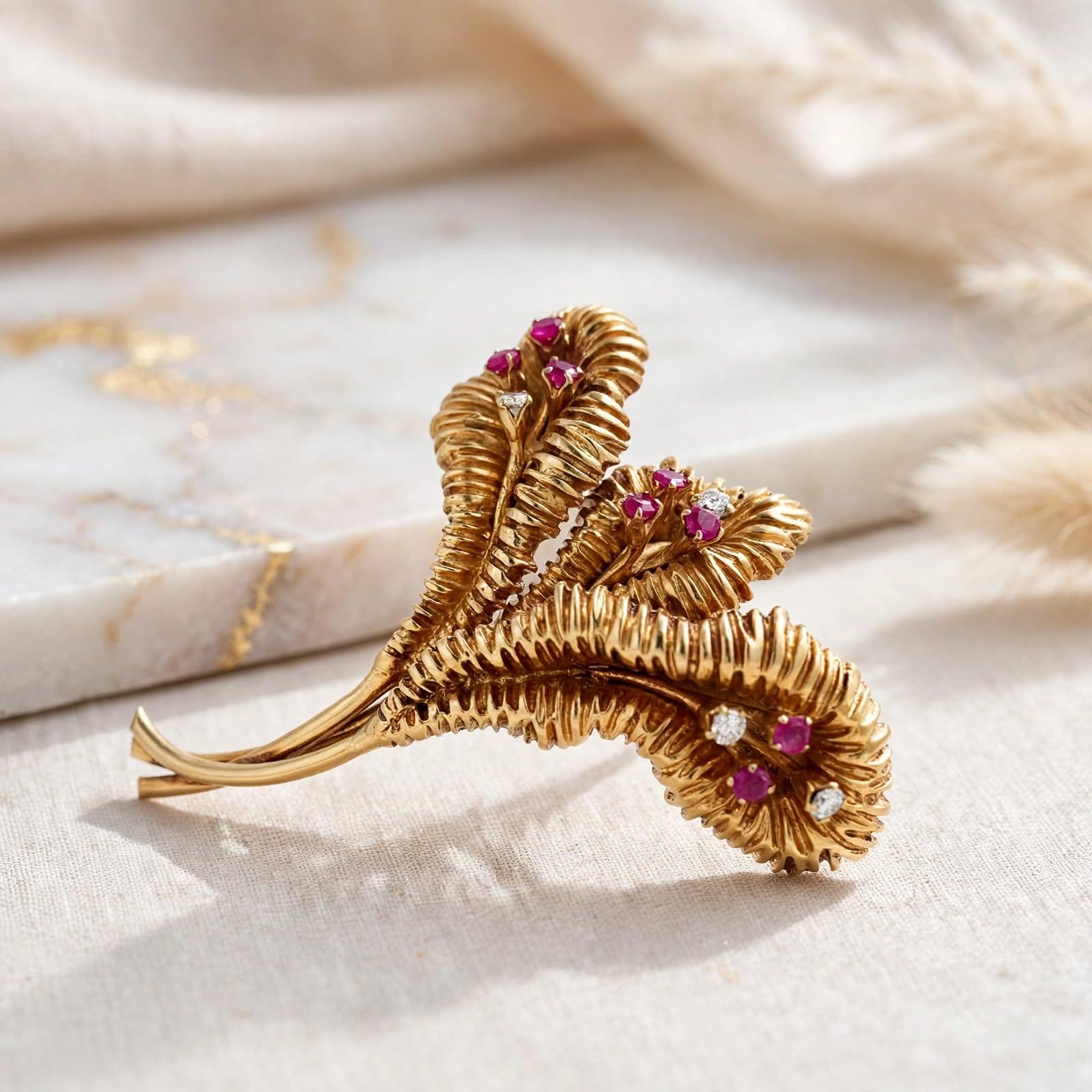 Tiffany & Co 18K Yellow Gold Pin Brooch 0.12ct Round F VS Diamonds & 0.3ct Ruby