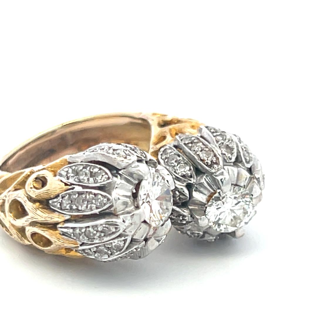 Vintage 18K Two Tone Gold Cocktail Ring with 1.79 Carat Round Diamonds Size 5.75