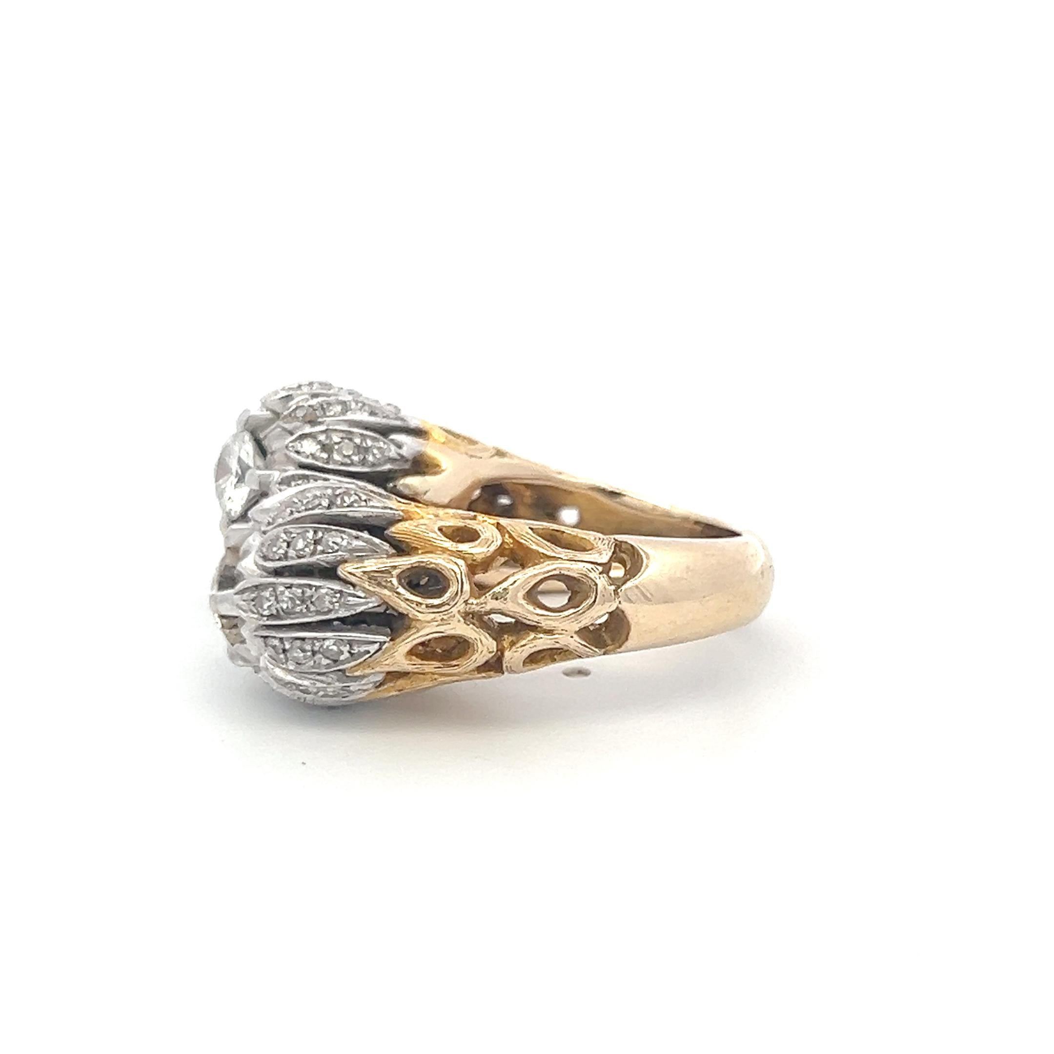 Vintage 18K Two Tone Gold Cocktail Ring with 1.79 Carat Round Diamonds Size 5.75
