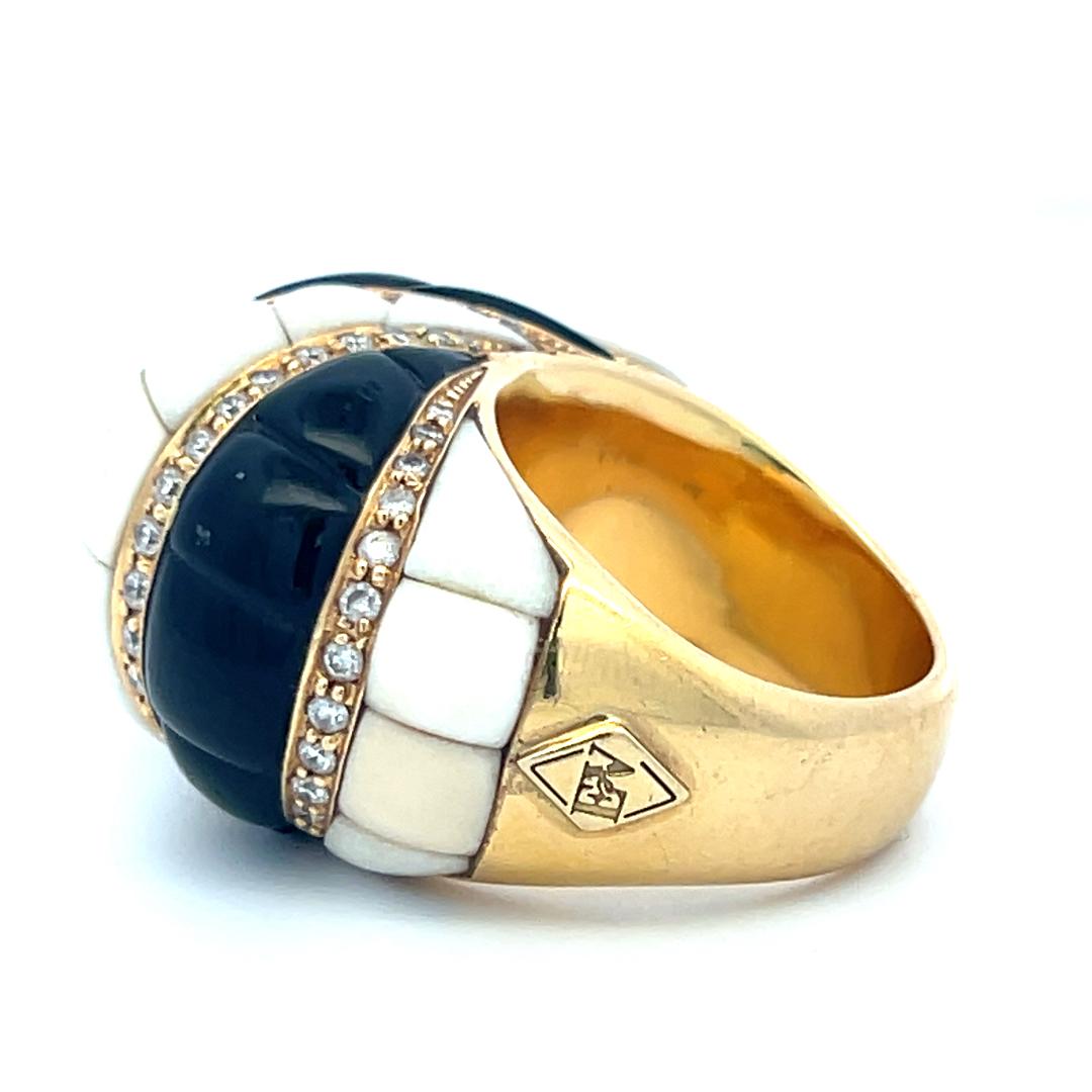 18K Yellow Gold Cocktail Ring with Onyx 0.29 Carat Round Diamonds Size 6.75