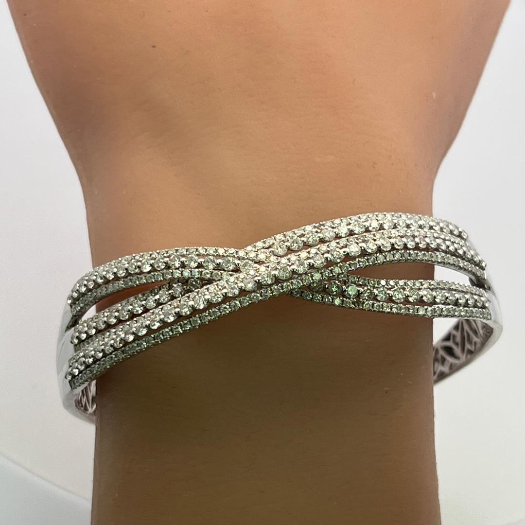 14K White Gold Bangle Bracelet with 5.24 Carat Round H-SI Diamonds Size 8