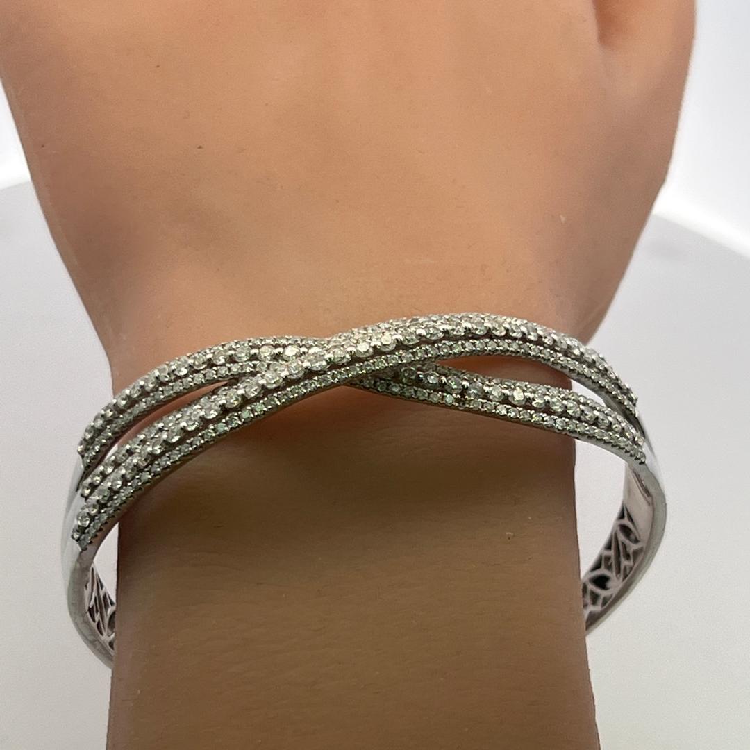 14K White Gold Bangle Bracelet with 5.24 Carat Round H-SI Diamonds Size 8