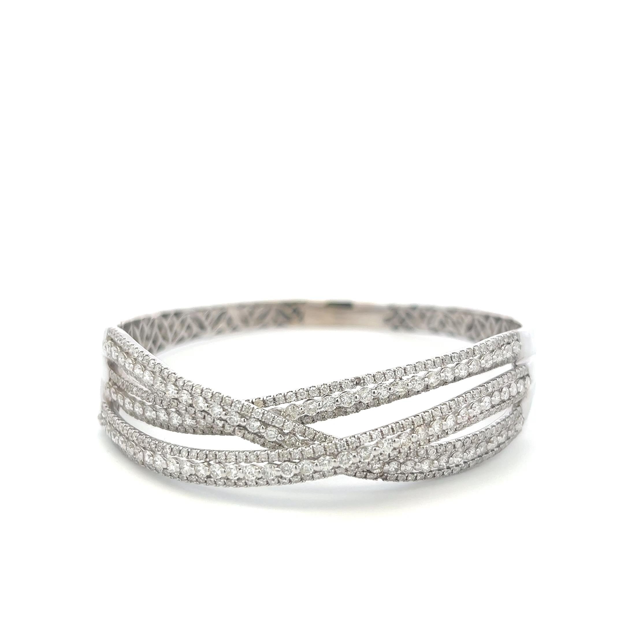 14K White Gold Bangle Bracelet with 5.24 Carat Round H-SI Diamonds Size 8