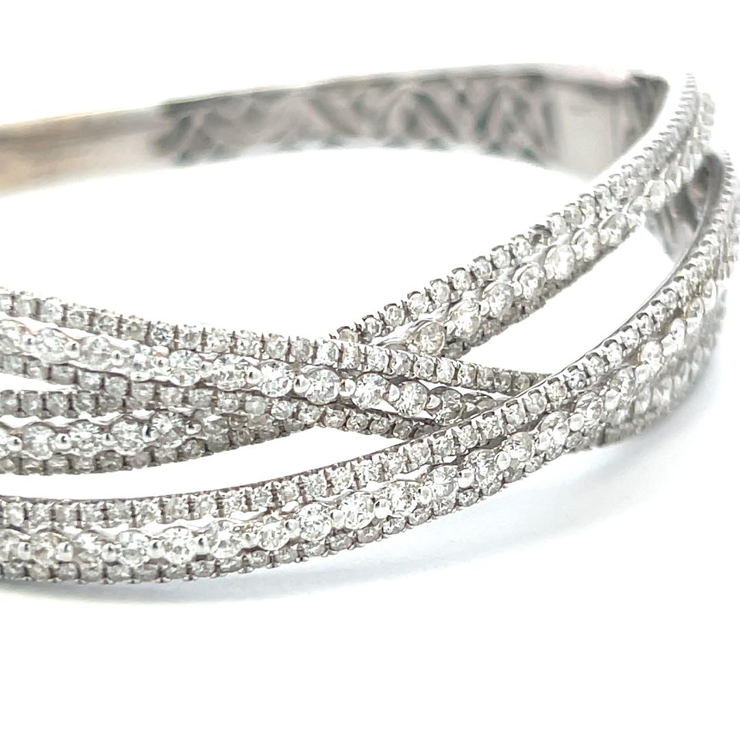 14K White Gold Bangle Bracelet with 5.24 Carat Round H-SI Diamonds Size 8