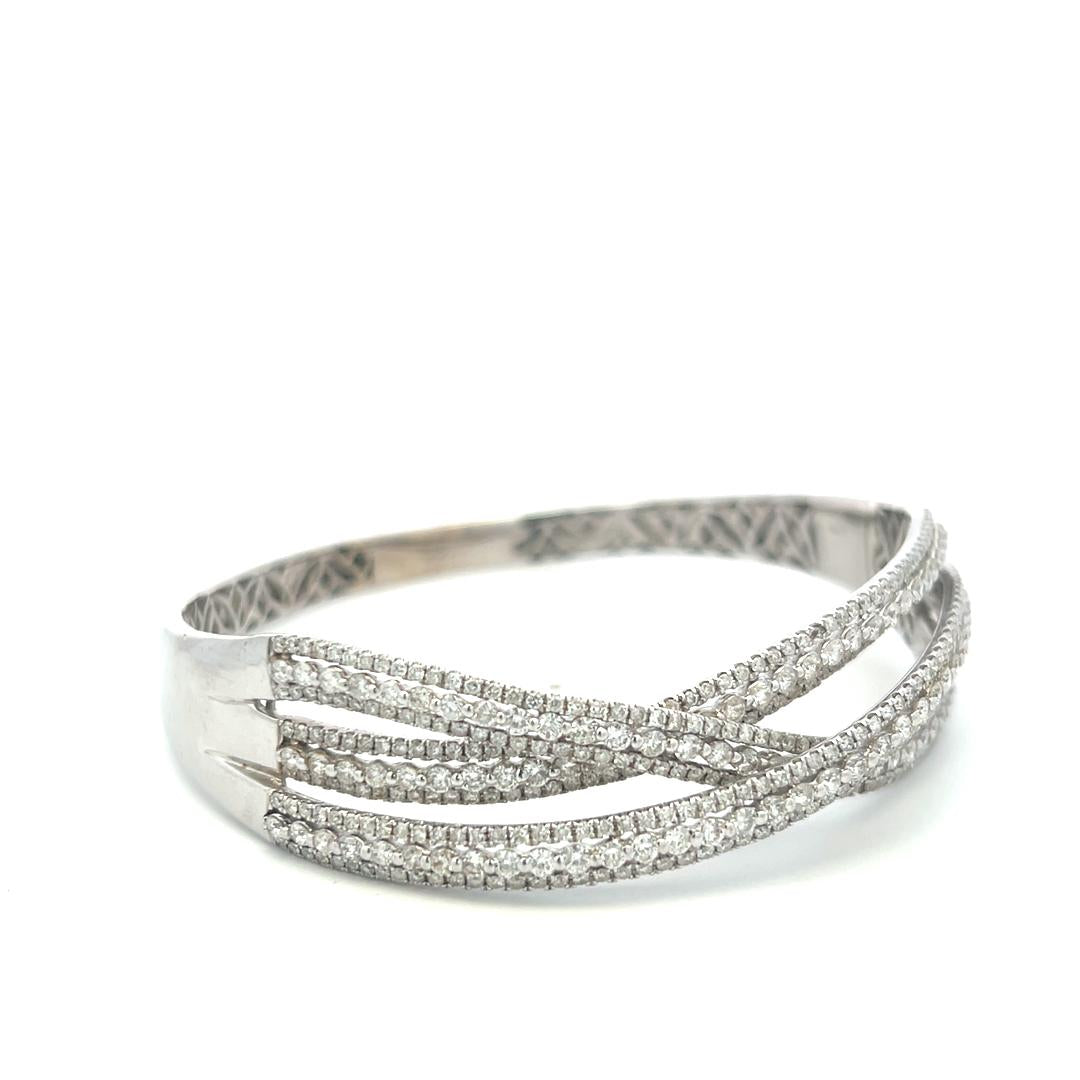 14K White Gold Bangle Bracelet with 5.24 Carat Round H-SI Diamonds Size 8