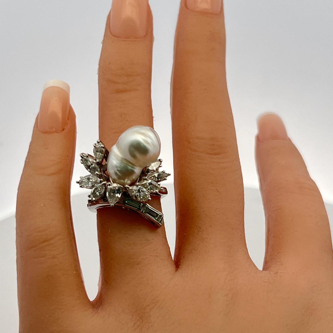 14K White Gold Cocktail Ring 2.64ct Mixed Cut H SI Diamonds 15.7-10.7mm Pearls