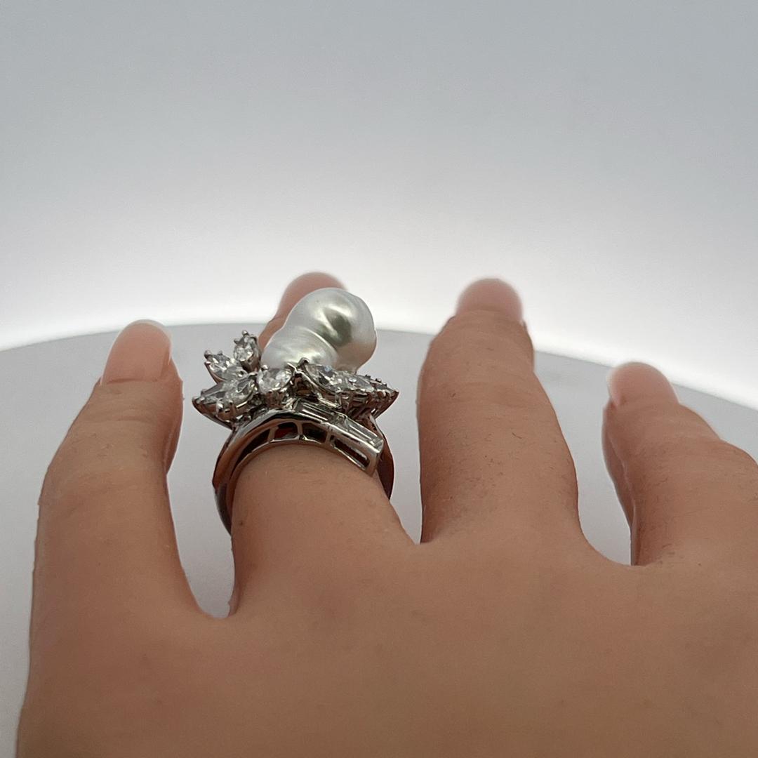 14K White Gold Cocktail Ring 2.64ct Mixed Cut H SI Diamonds 15.7-10.7mm Pearls