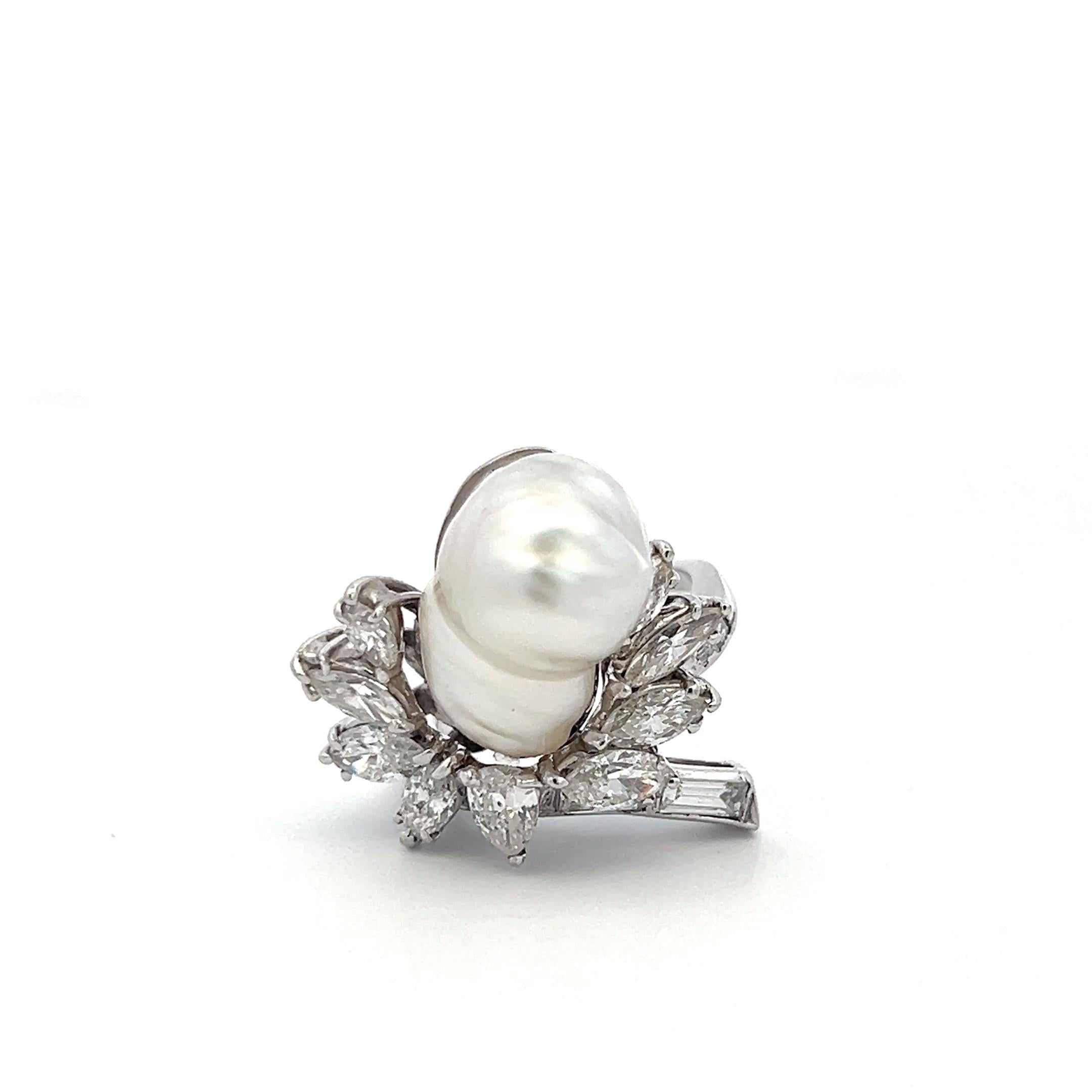14K White Gold Cocktail Ring 2.64ct Mixed Cut H SI Diamonds 15.7-10.7mm Pearls