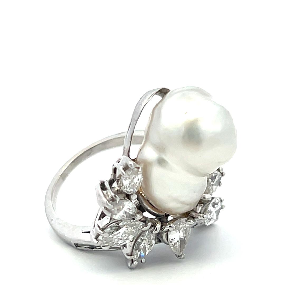 14K White Gold Cocktail Ring 2.64ct Mixed Cut H SI Diamonds 15.7-10.7mm Pearls