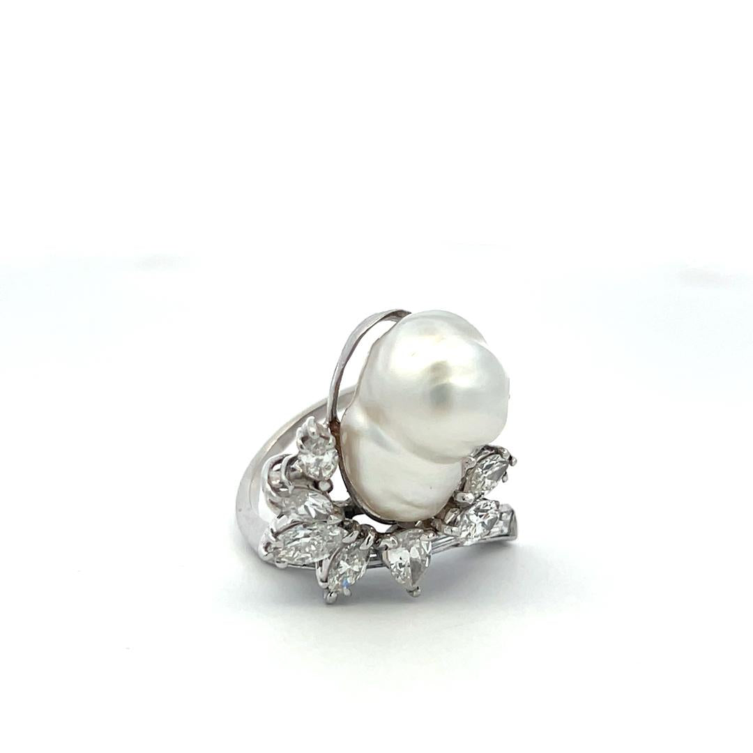 14K White Gold Cocktail Ring 2.64ct Mixed Cut H SI Diamonds 15.7-10.7mm Pearls