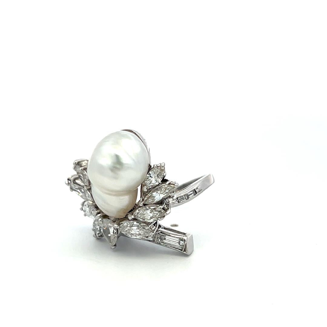14K White Gold Cocktail Ring 2.64ct Mixed Cut H SI Diamonds 15.7-10.7mm Pearls