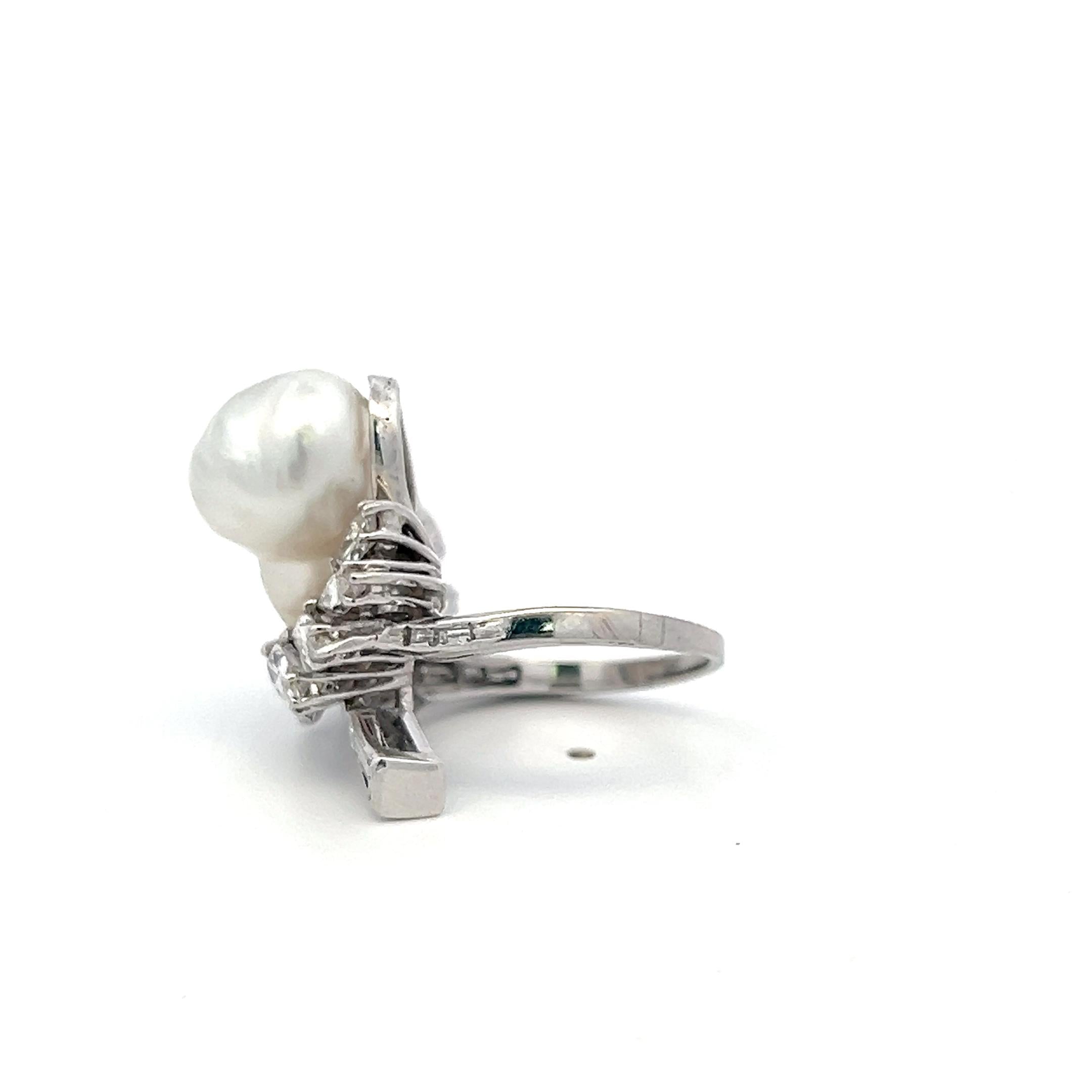 14K White Gold Cocktail Ring 2.64ct Mixed Cut H SI Diamonds 15.7-10.7mm Pearls