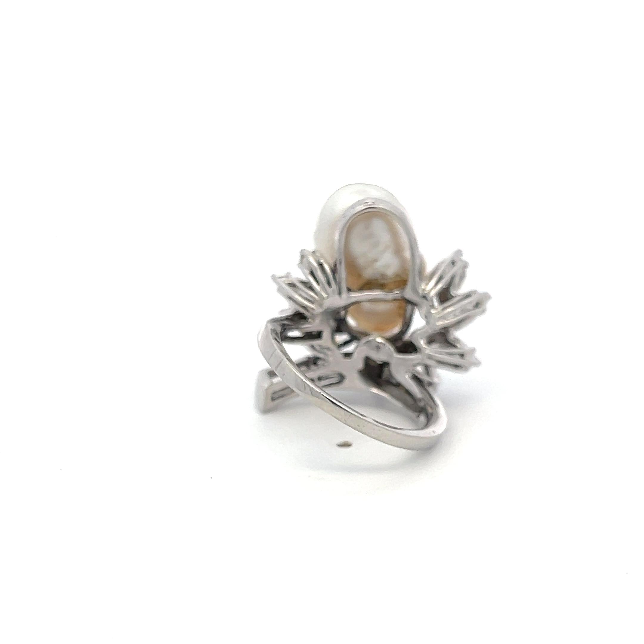 14K White Gold Cocktail Ring 2.64ct Mixed Cut H SI Diamonds 15.7-10.7mm Pearls