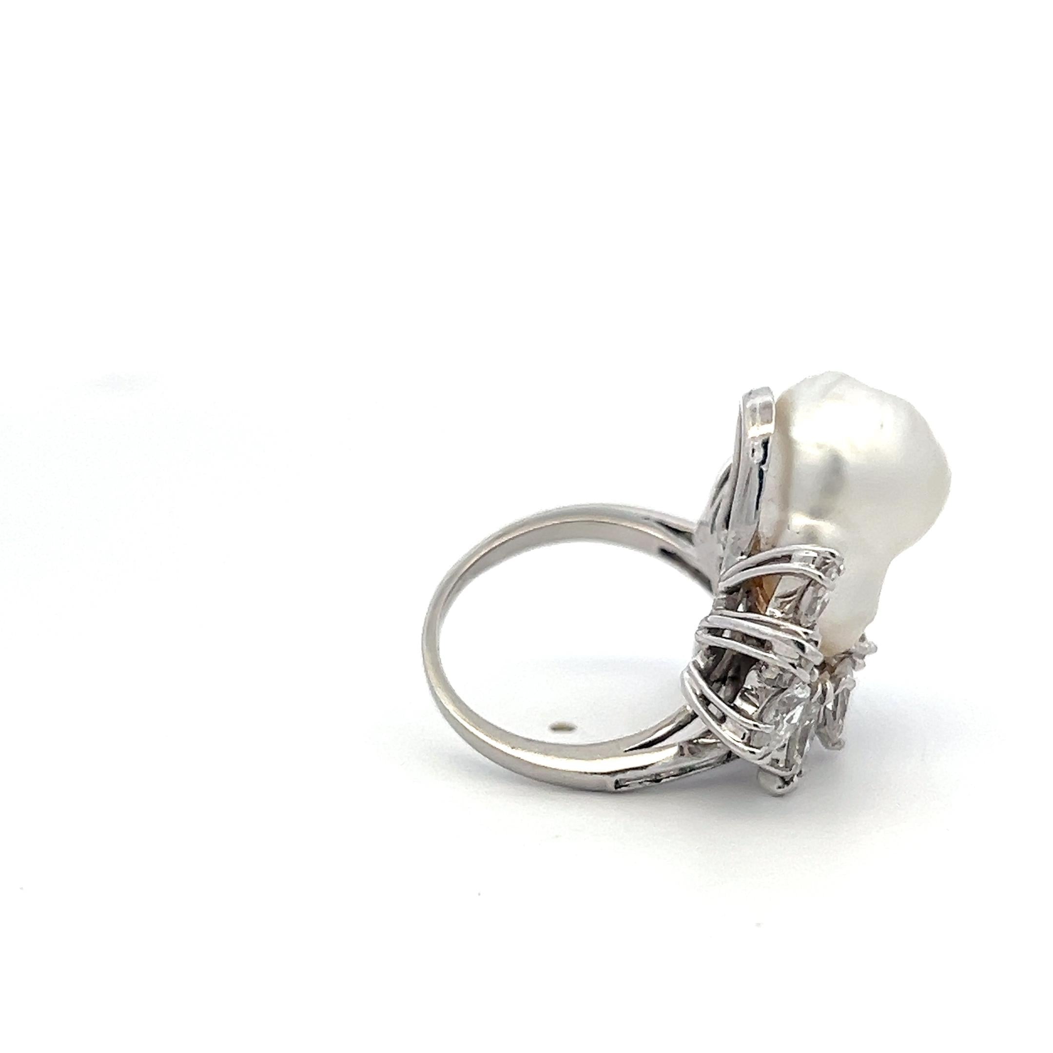 14K White Gold Cocktail Ring 2.64ct Mixed Cut H SI Diamonds 15.7-10.7mm Pearls