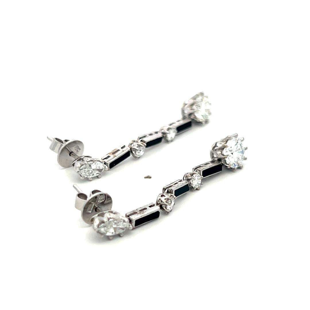 18K White Gold Drop Earrings with 3 Carat E VVS Diamonds and 1 Carat Onyx