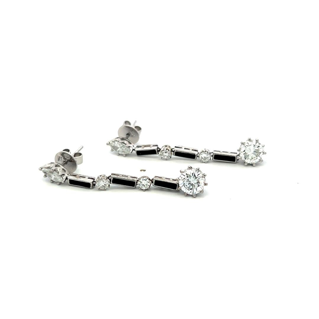 18K White Gold Drop Earrings with 3 Carat E VVS Diamonds and 1 Carat Onyx