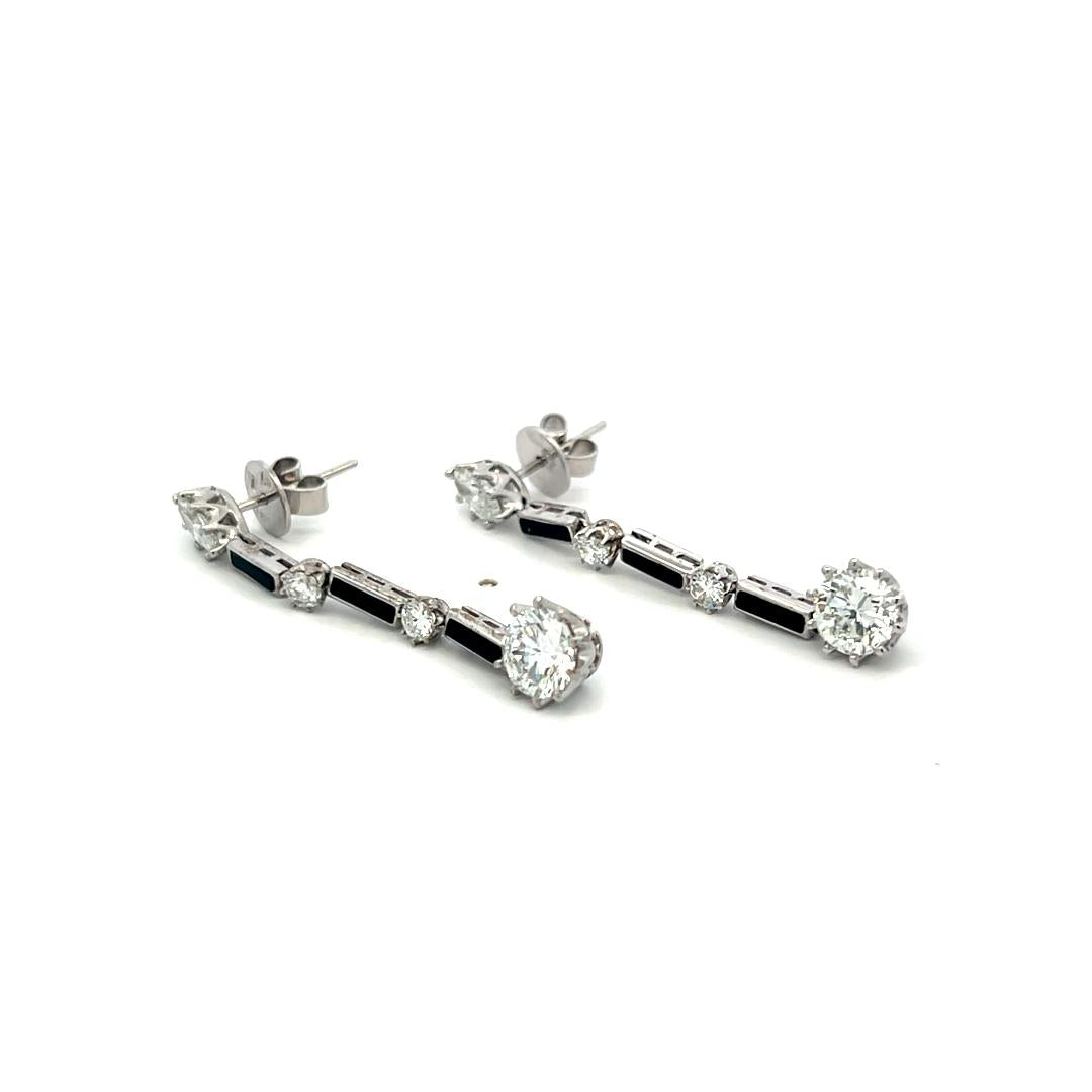 18K White Gold Drop Earrings with 3 Carat E VVS Diamonds and 1 Carat Onyx