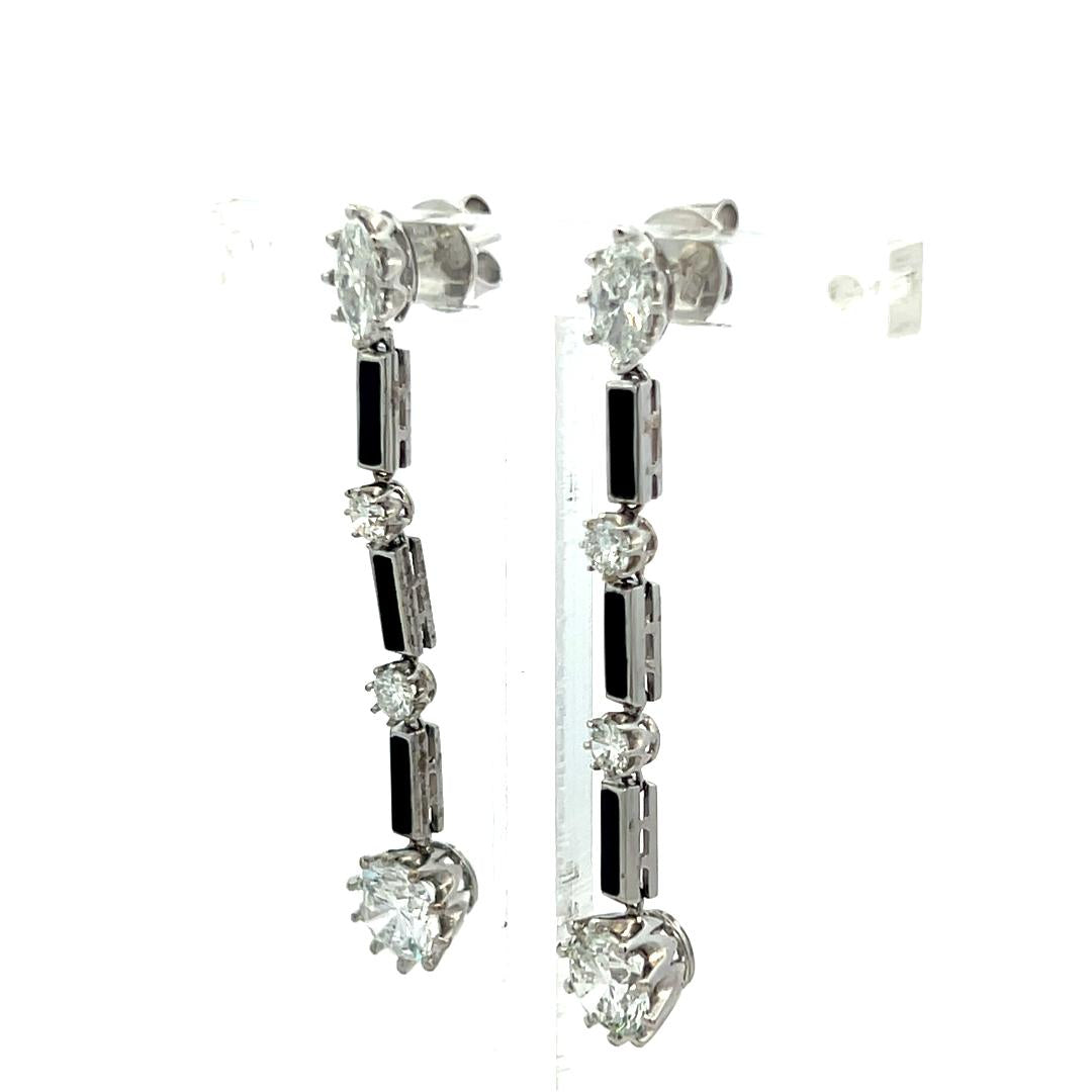 18K White Gold Drop Earrings with 3 Carat E VVS Diamonds and 1 Carat Onyx