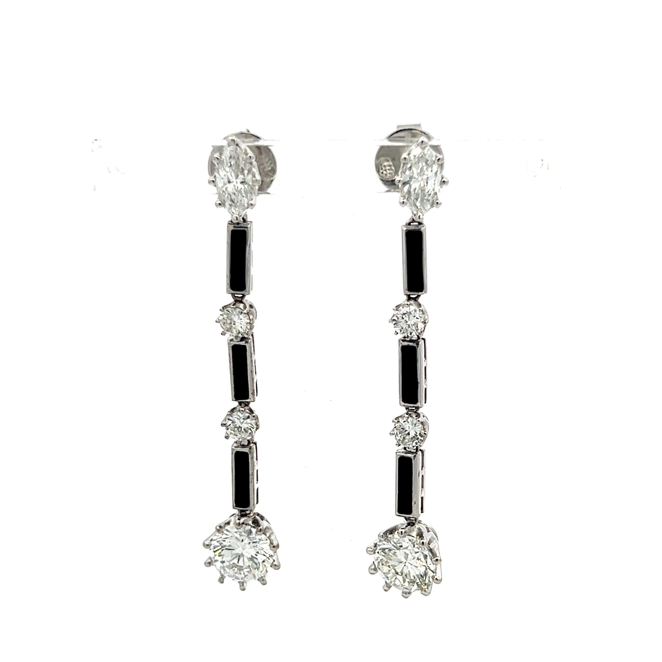 18K White Gold Drop Earrings with 3 Carat E VVS Diamonds and 1 Carat Onyx