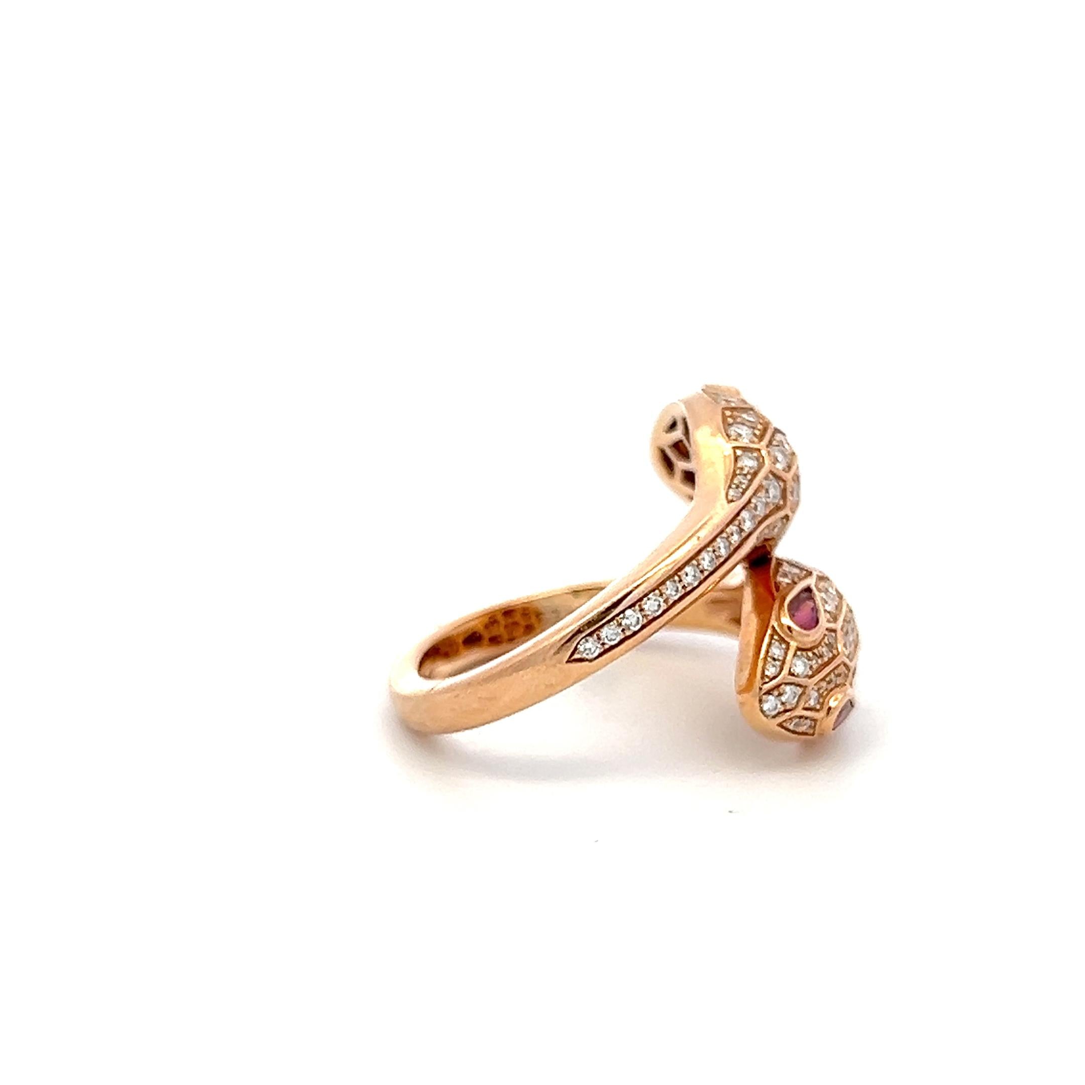 Bvlgari 18K Rose Gold Serpenti Ring 0.59ct Round F VS Diamonds & 0.2ct Rubellite