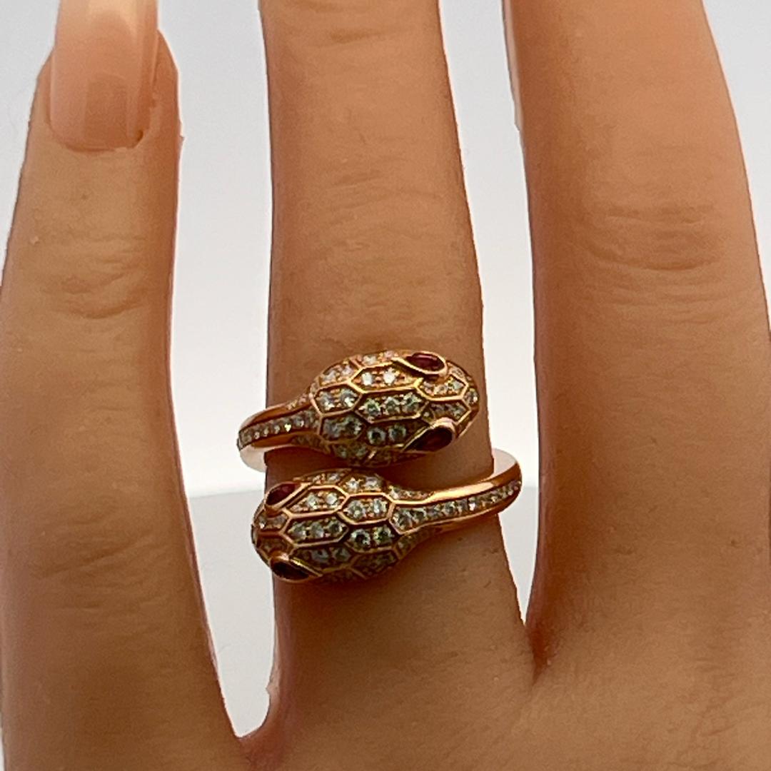 Bvlgari 18K Rose Gold Serpenti Ring 0.59ct Round F VS Diamonds & 0.2ct Rubellite