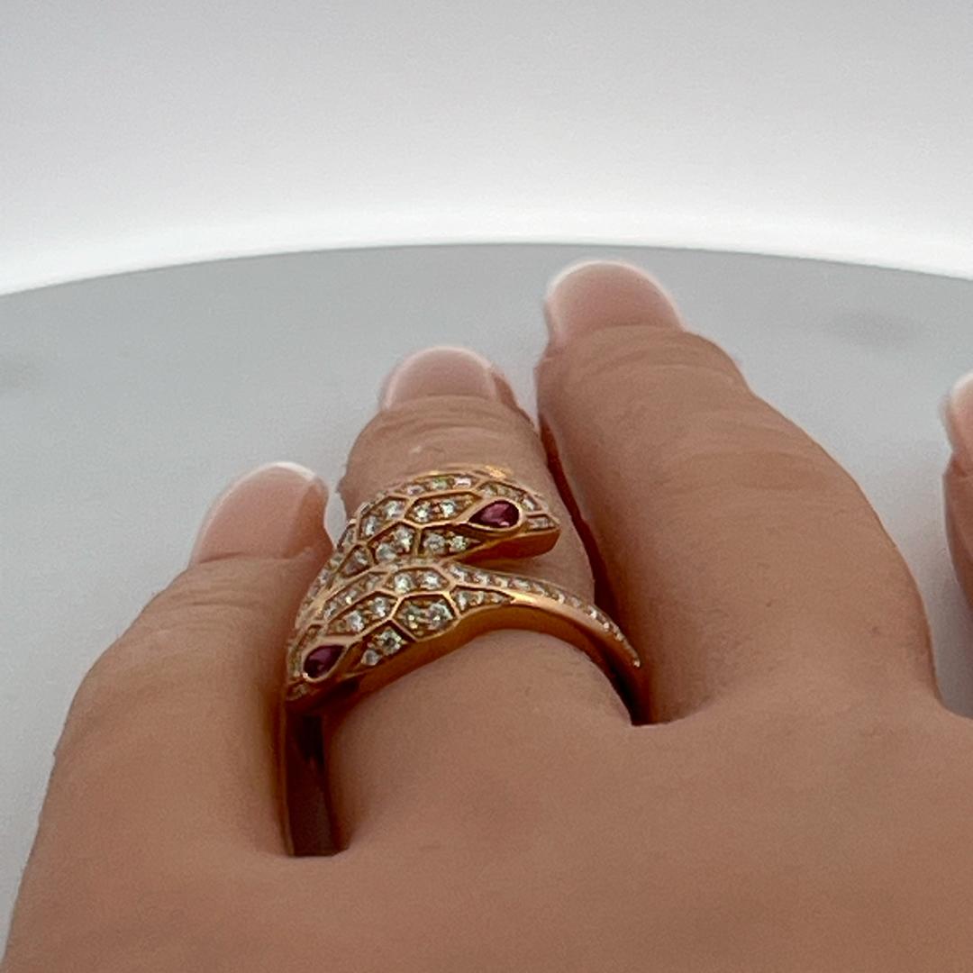 Bvlgari 18K Rose Gold Serpenti Ring 0.59ct Round F VS Diamonds & 0.2ct Rubellite