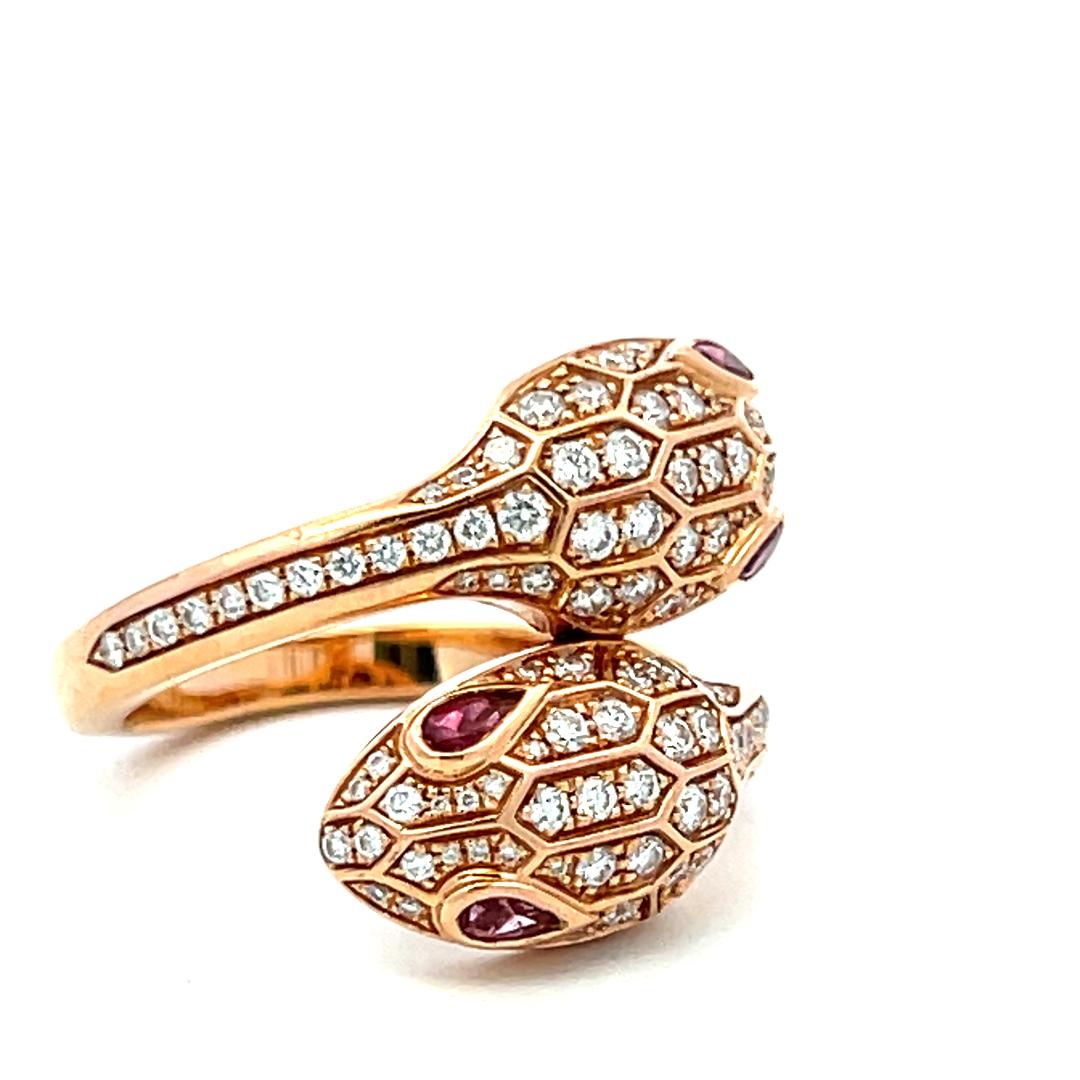 Bvlgari 18K Rose Gold Serpenti Ring 0.59ct Round F VS Diamonds & 0.2ct Rubellite