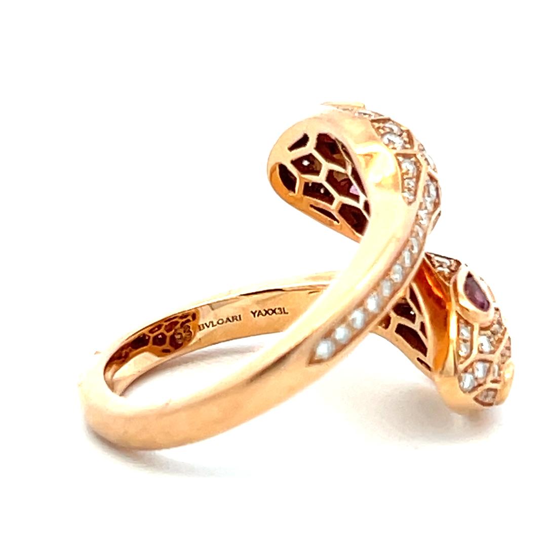 Bvlgari 18K Rose Gold Serpenti Ring 0.59ct Round F VS Diamonds & 0.2ct Rubellite