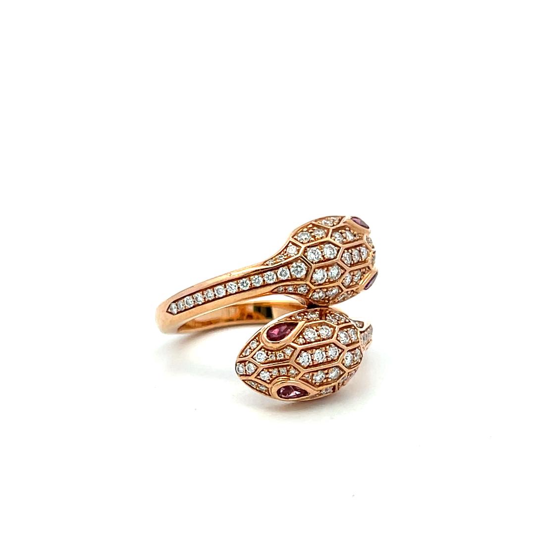Bvlgari 18K Rose Gold Serpenti Ring 0.59ct Round F VS Diamonds & 0.2ct Rubellite