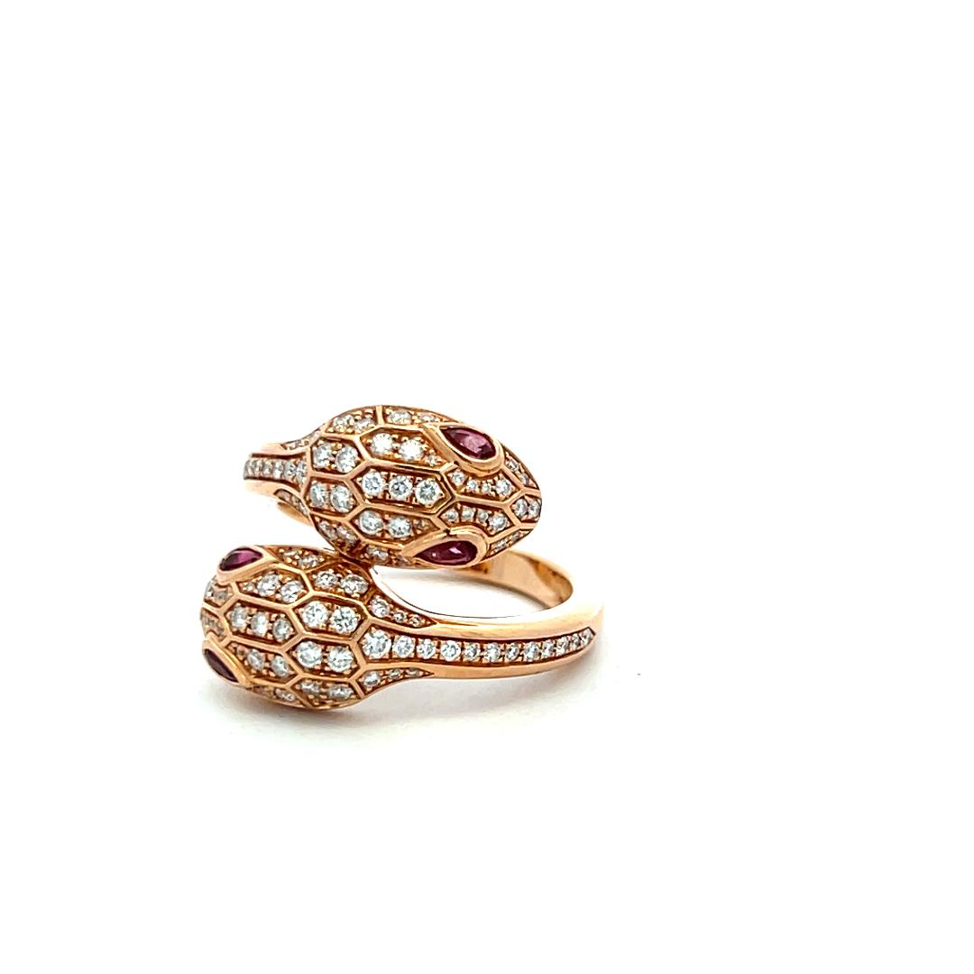 Bvlgari 18K Rose Gold Serpenti Ring 0.59ct Round F VS Diamonds & 0.2ct Rubellite