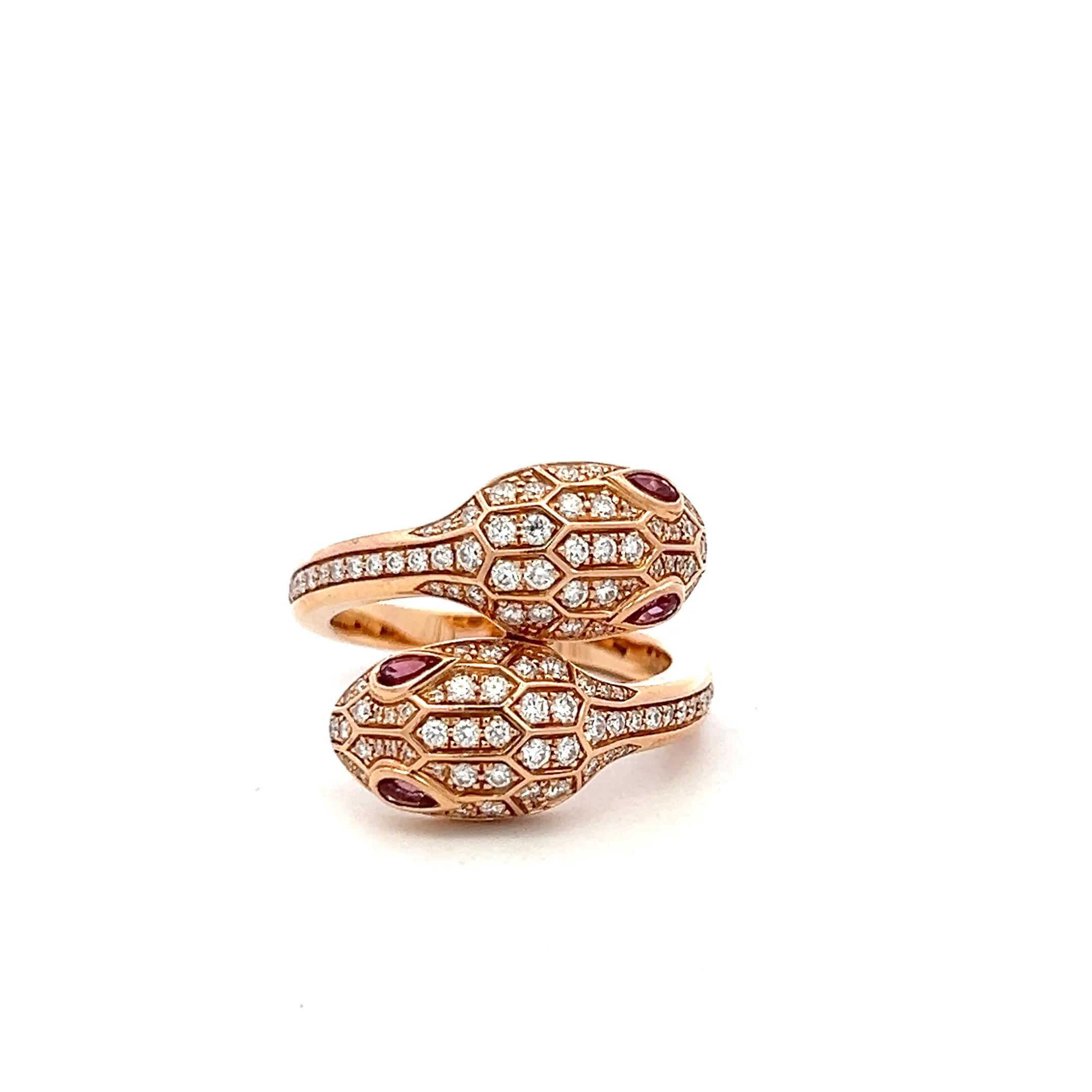 Bvlgari 18K Rose Gold Serpenti Ring 0.59ct Round F VS Diamonds & 0.2ct Rubellite