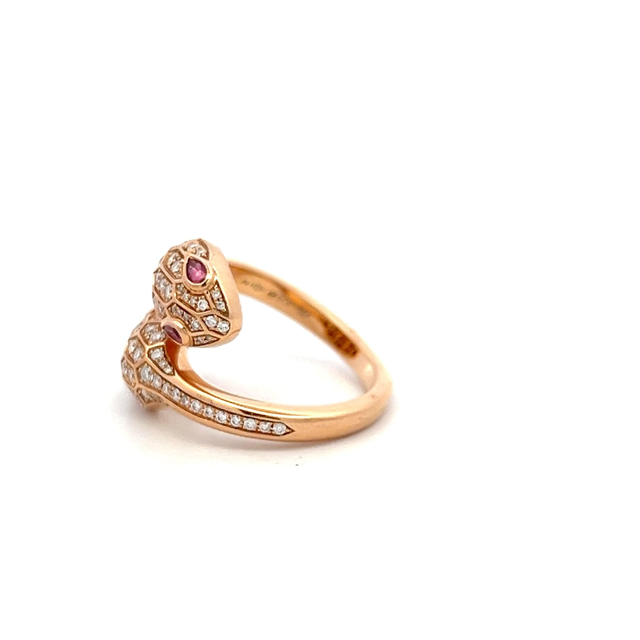 Bvlgari 18K Rose Gold Serpenti Ring 0.59ct Round F VS Diamonds & 0.2ct Rubellite