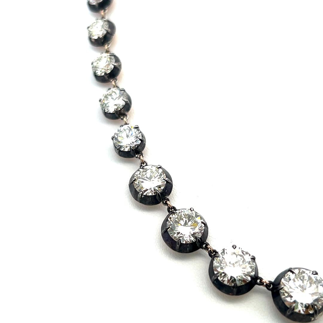14K Gold Silver Riviera Necklace 24.35 Carat Round and warm Diamonds GIA