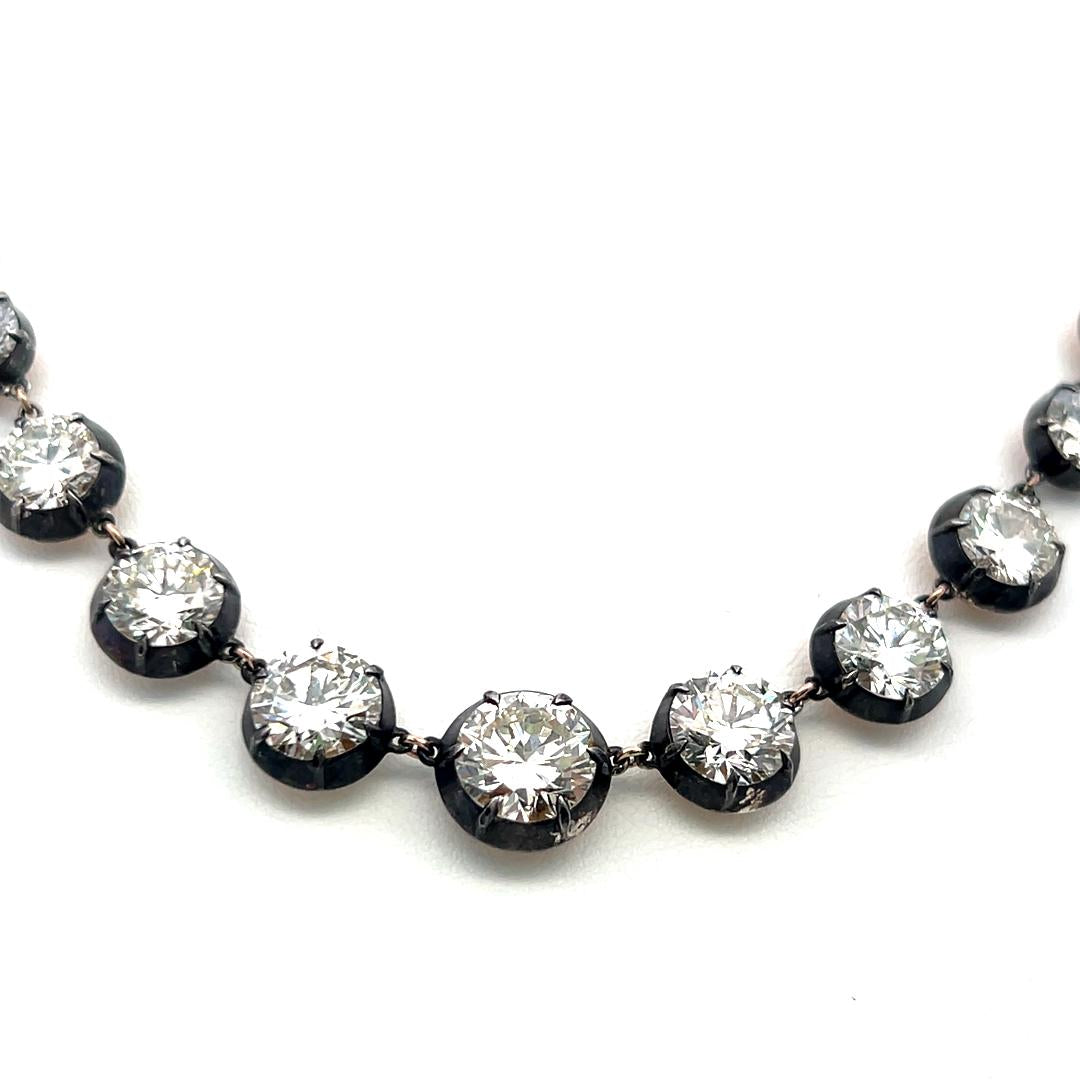 14K Gold Silver Riviera Necklace 24.35 Carat Round and warm Diamonds GIA