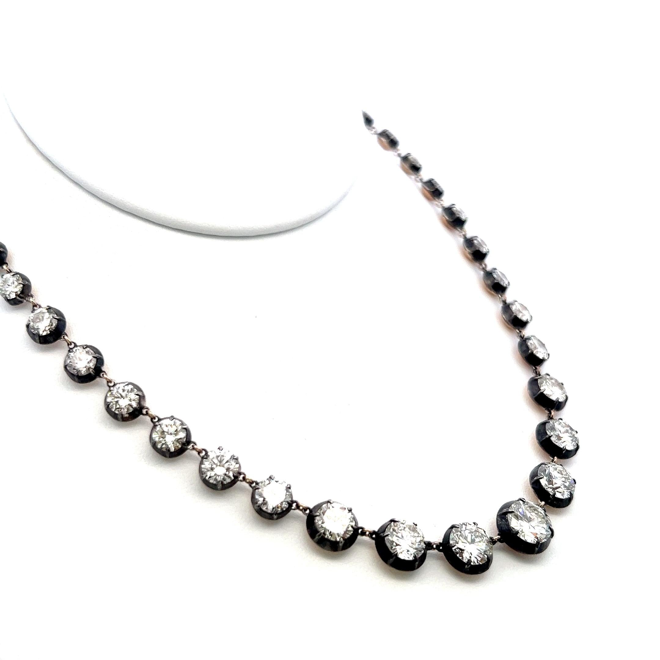 14K Gold Silver Riviera Necklace 24.35 Carat Round and warm Diamonds GIA