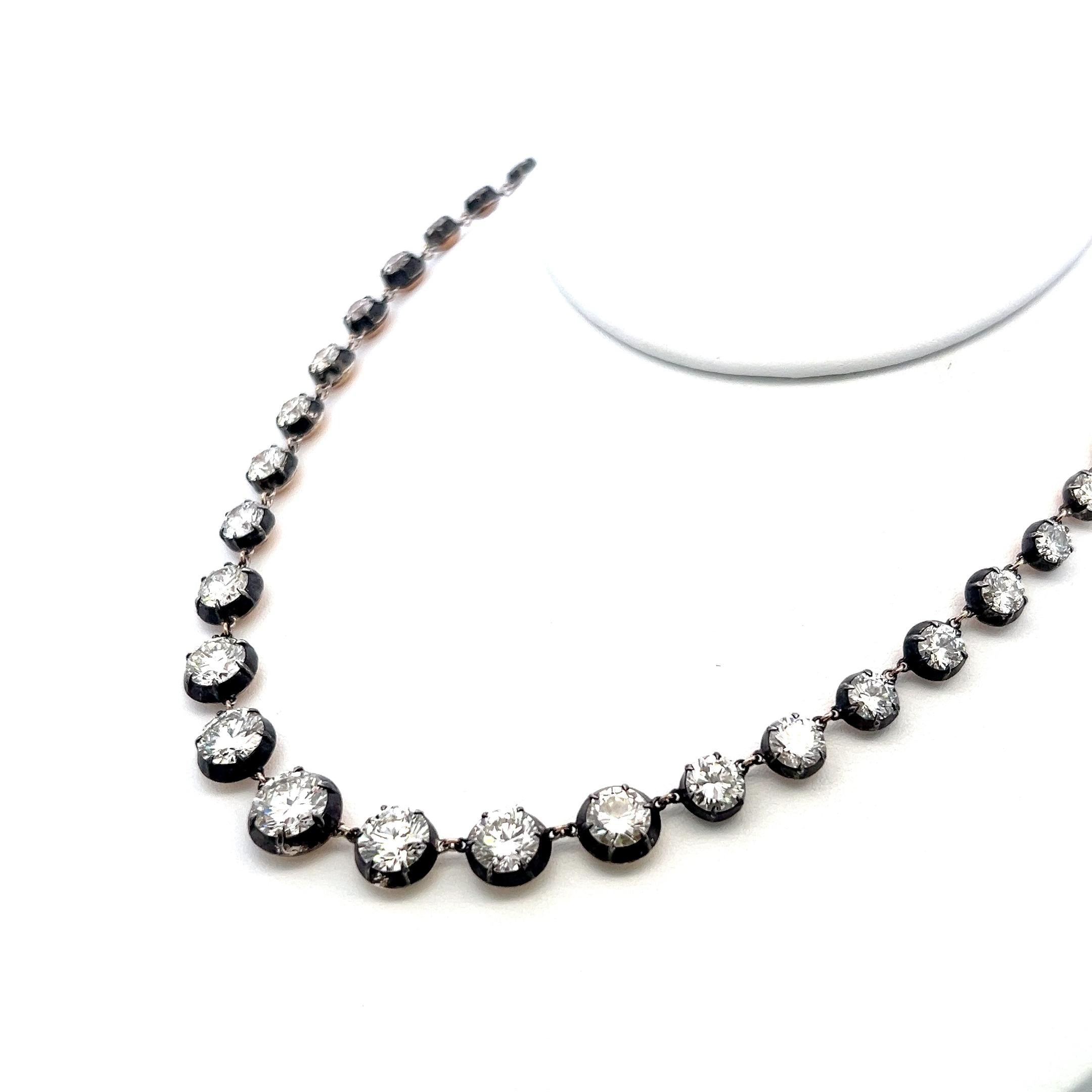 14K Gold Silver Riviera Necklace 24.35 Carat Round and warm Diamonds GIA
