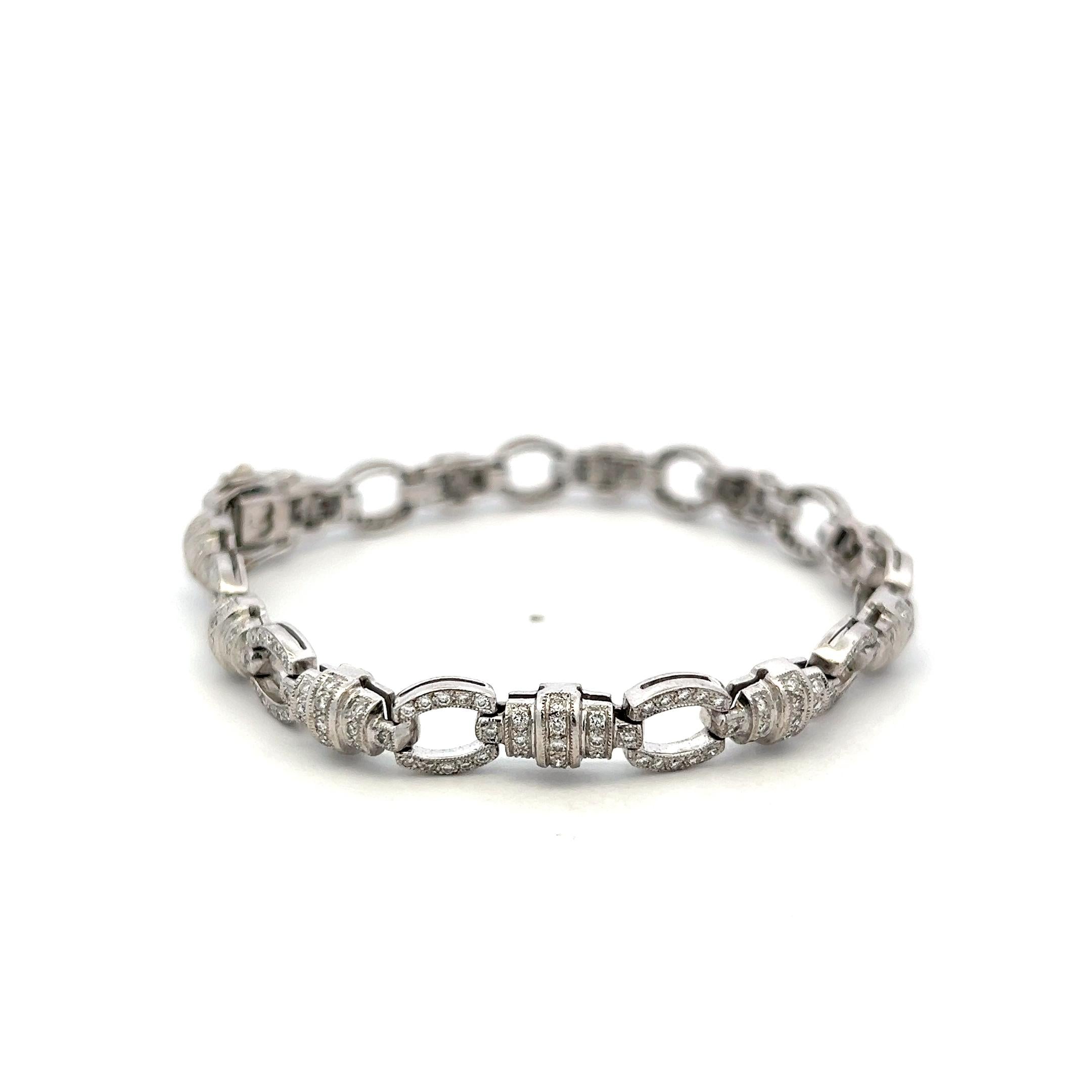 Vintage 18K White Gold Link Bracelet with 1.52 Carat Round I VS Diamonds