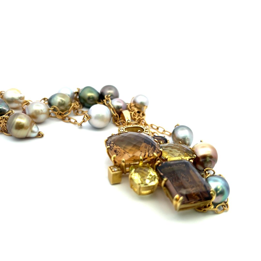 18K YG Pendant Necklace with 0.32ct Round Diamonds Pearls & Smokey Quartz