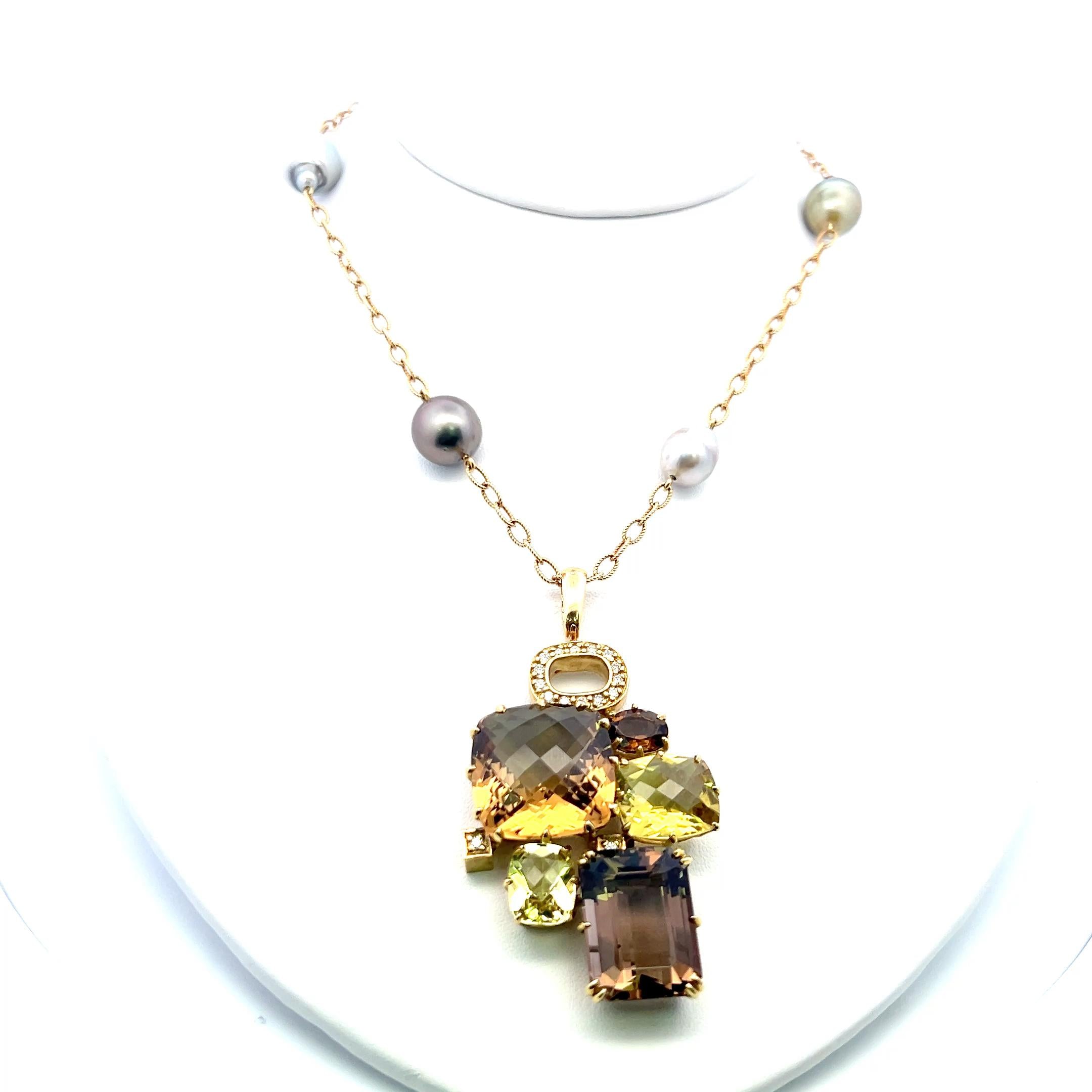 18K YG Pendant Necklace with 0.32ct Round Diamonds Pearls & Smokey Quartz