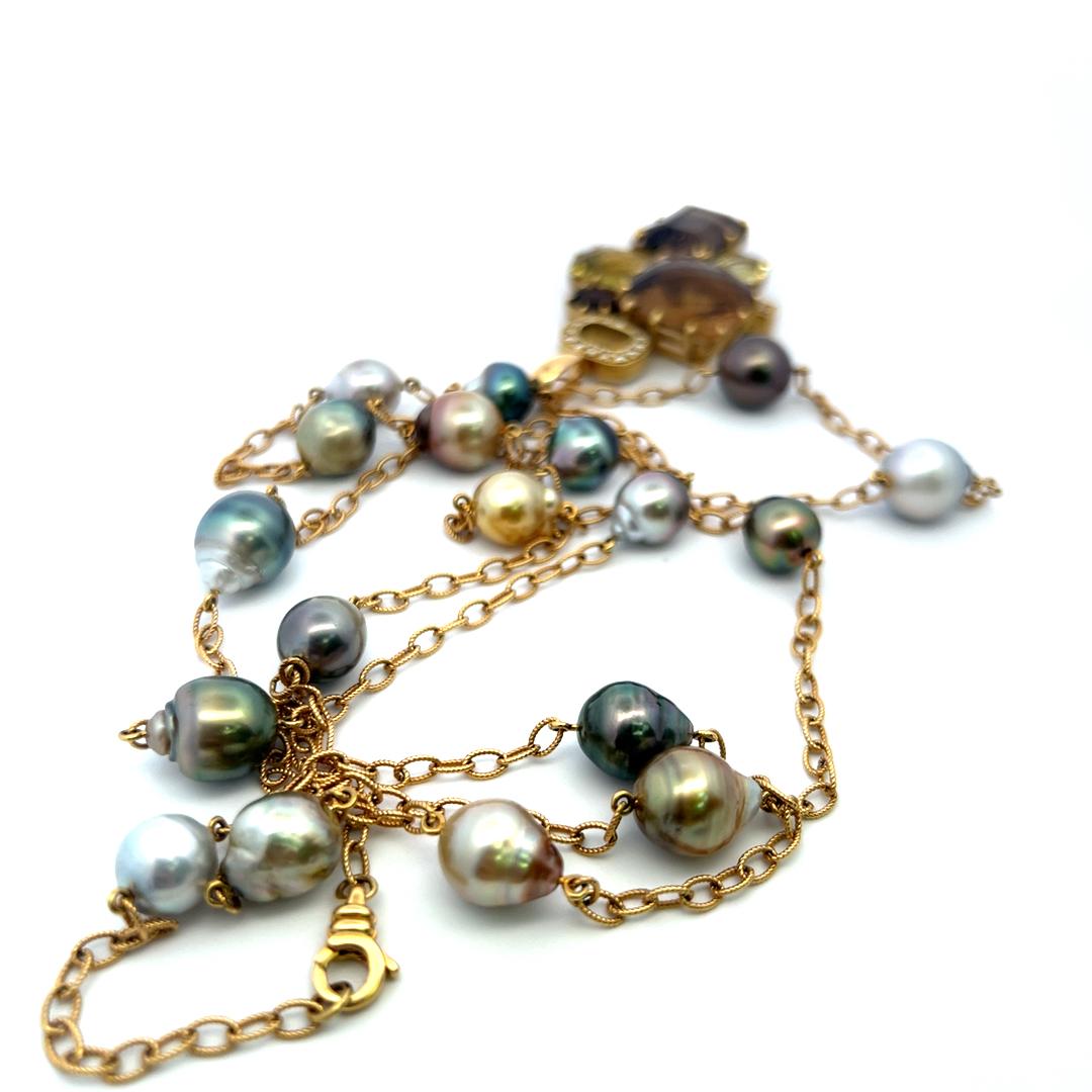 18K YG Pendant Necklace with 0.32ct Round Diamonds Pearls & Smokey Quartz