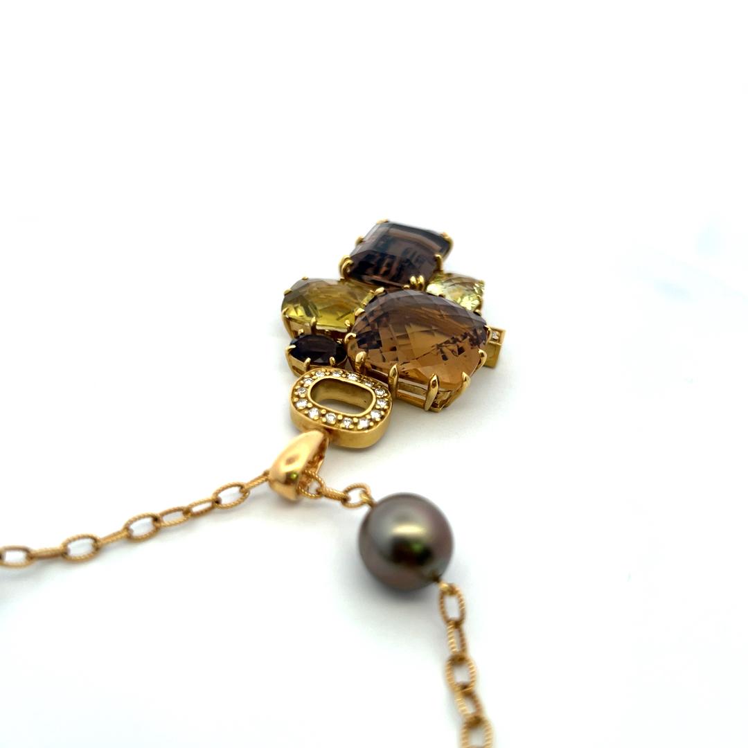 18K YG Pendant Necklace with 0.32ct Round Diamonds Pearls & Smokey Quartz