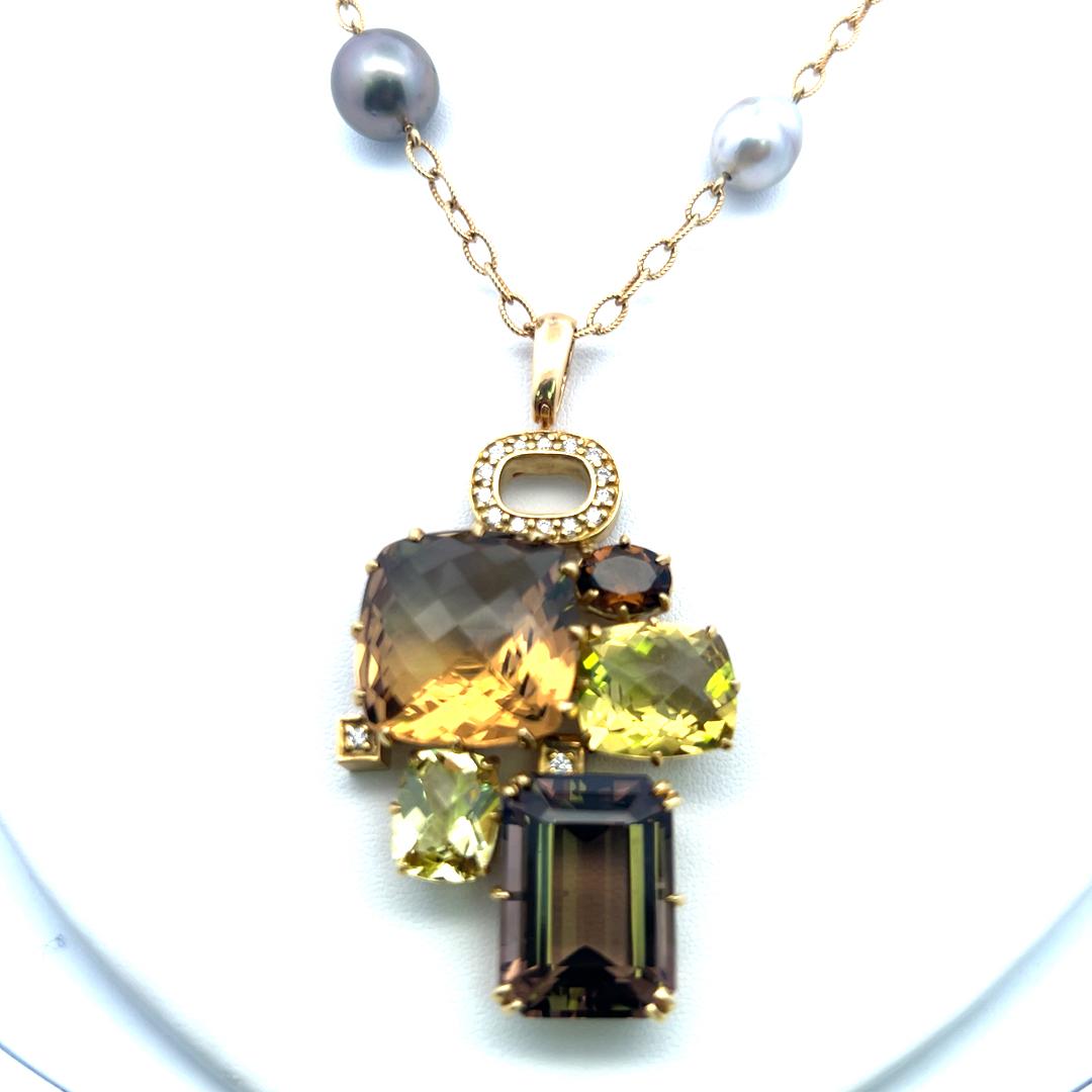 18K YG Pendant Necklace with 0.32ct Round Diamonds Pearls & Smokey Quartz