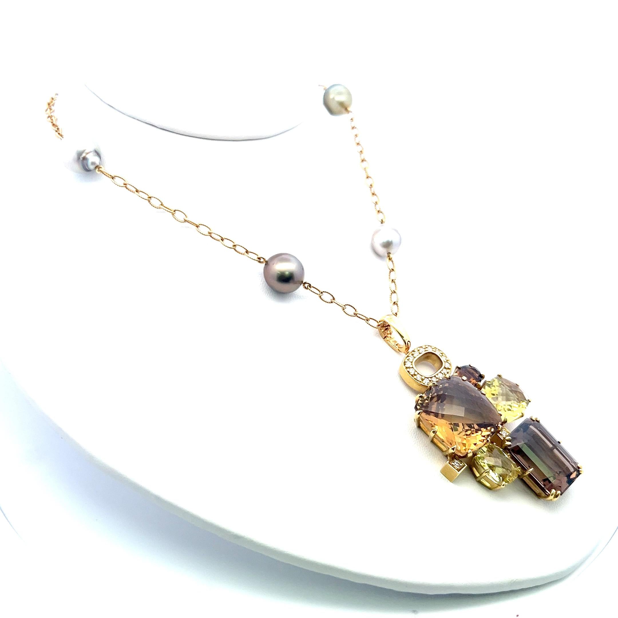 18K YG Pendant Necklace with 0.32ct Round Diamonds Pearls & Smokey Quartz
