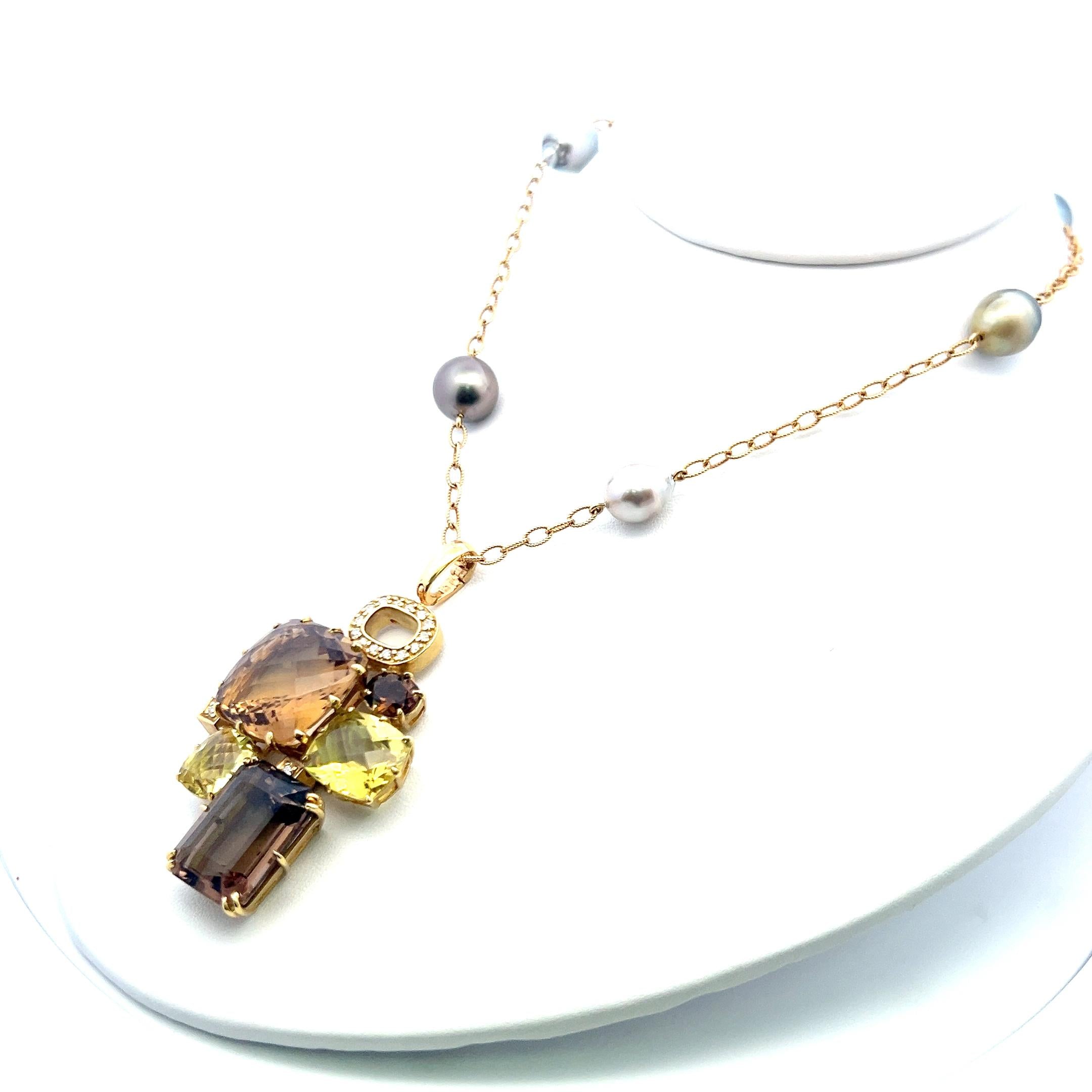 18K YG Pendant Necklace with 0.32ct Round Diamonds Pearls & Smokey Quartz