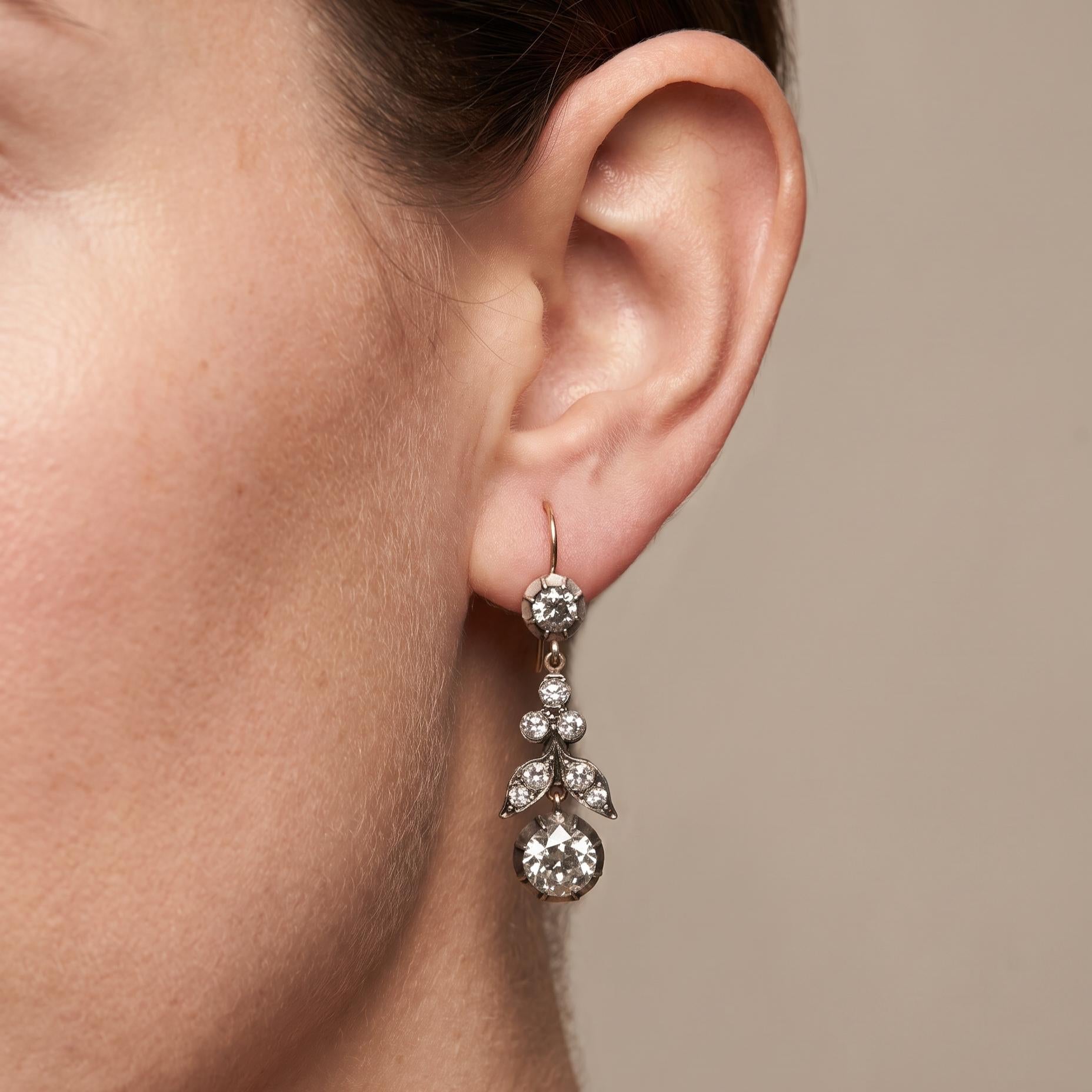 Gold Silver Drop Earrings with 4.07ct Old European & Circular Diamonds K SI2 GIA